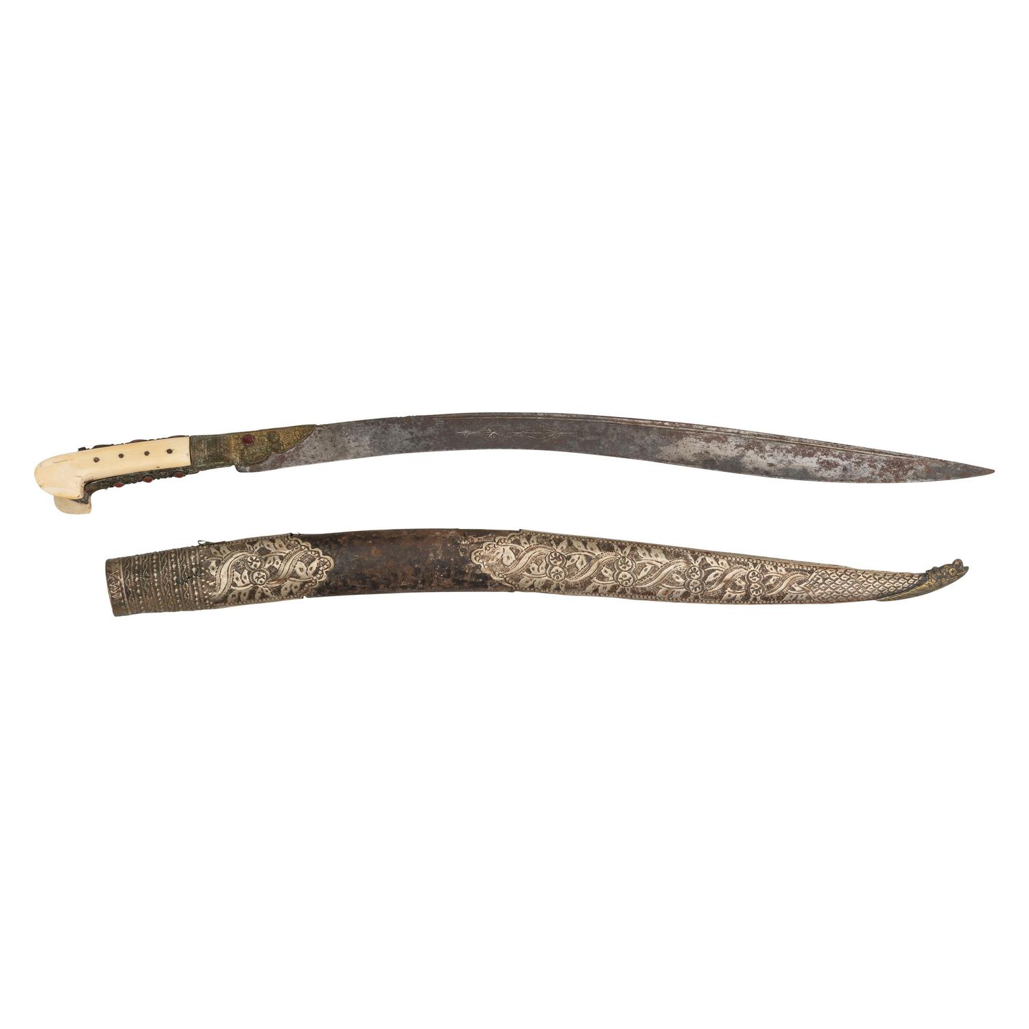 Ottoman Yatagan Sword with Etched Blade and Silver Mounted Scabbard