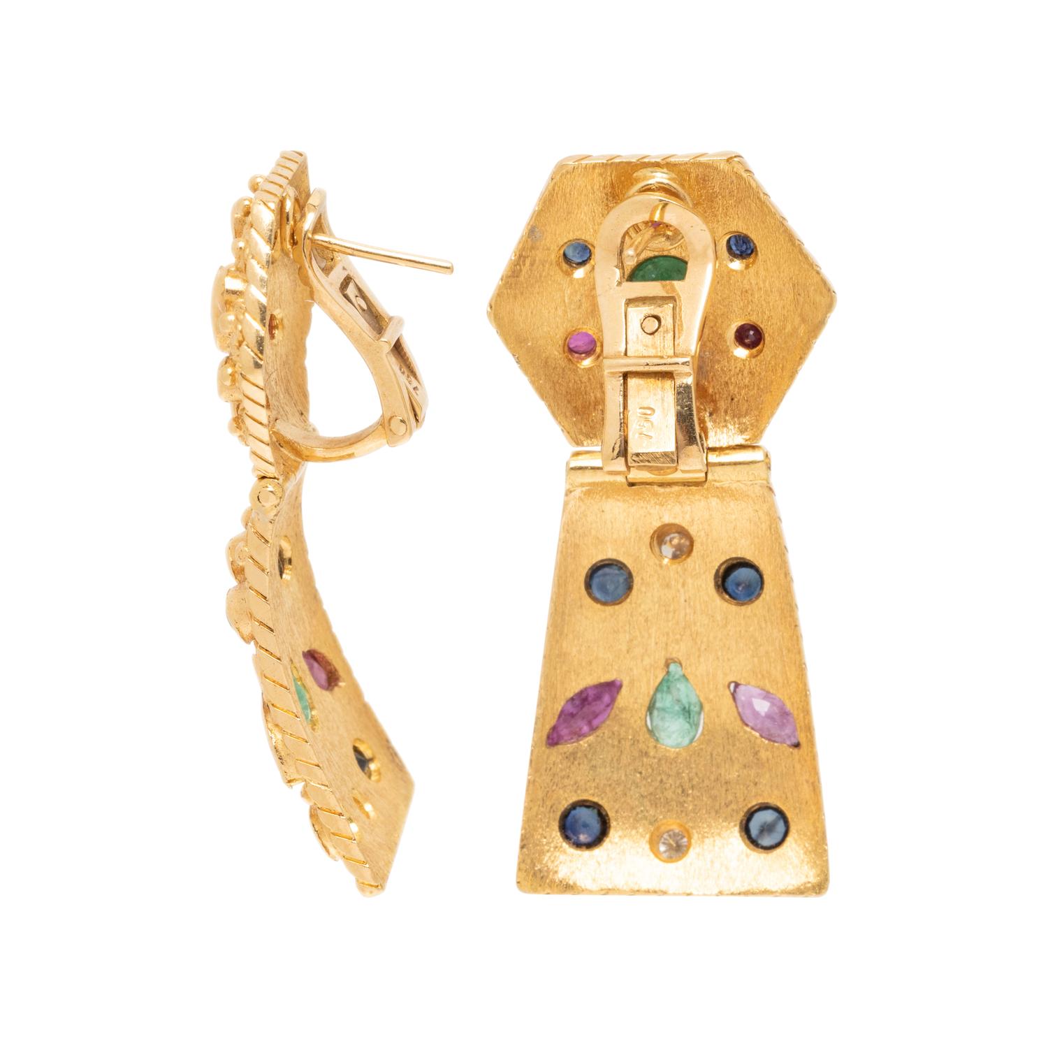 YELLOW GOLD AND MULTIGEM PENDANT EARRINGS
