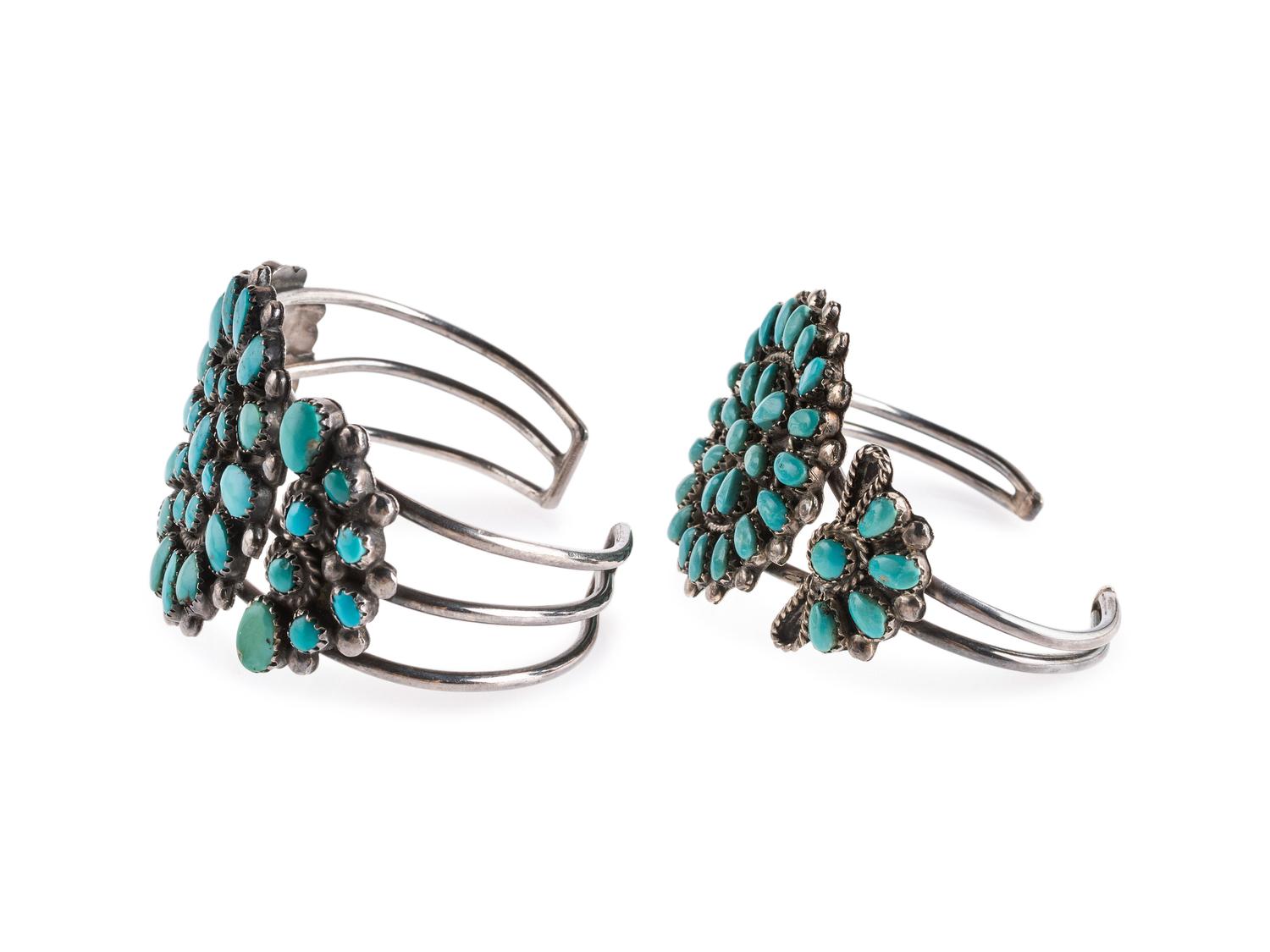 Navajo or Zui Silver Wire Cuff Bracelets, with Tuquoise Clusters