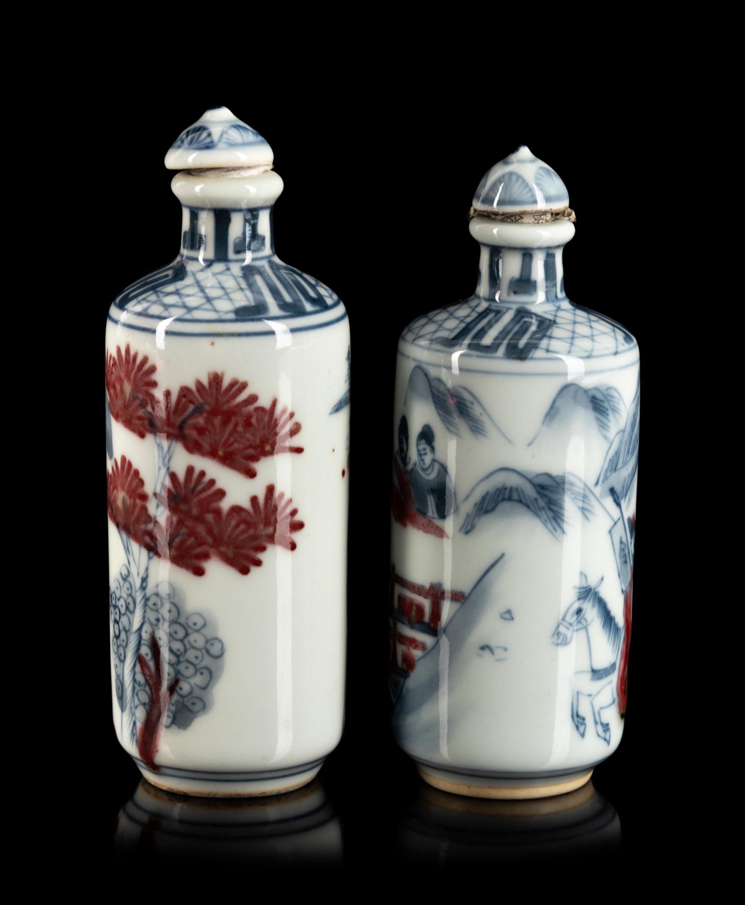 A Pair of Chinese Copper Red and Underglaze Blue Porcelain Snuff Bottles