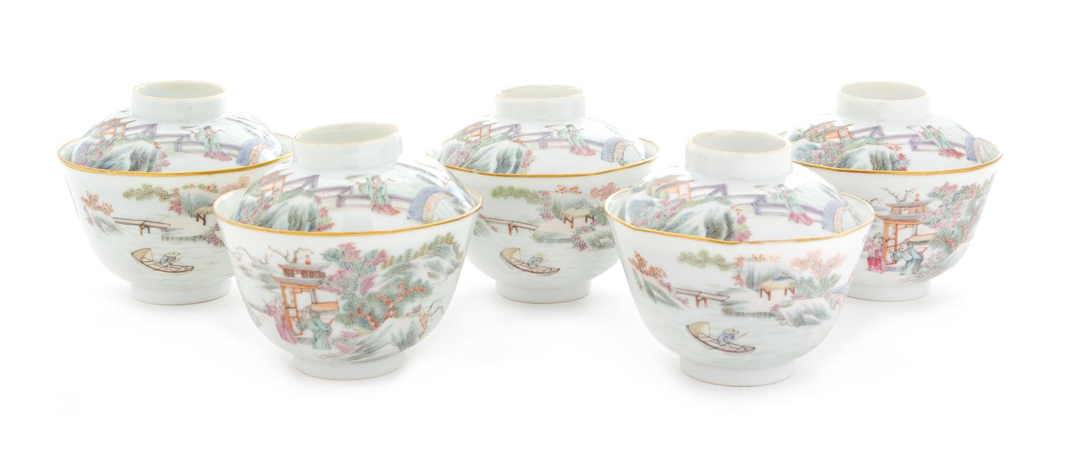 Five Gilt Decorated Famille Rose Porcelain Cups and Covers Diameter of each 3 7/8 inches. — 19TH CENTURY