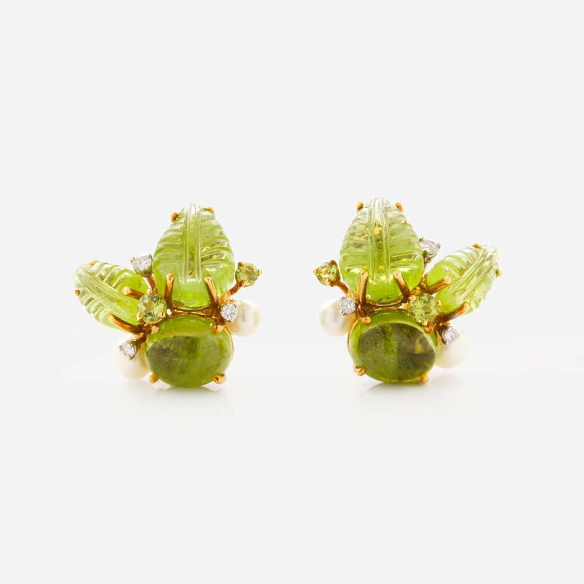 A Pair of 18K Yellow Gold Seaman Schepps Peridot Ear Clips