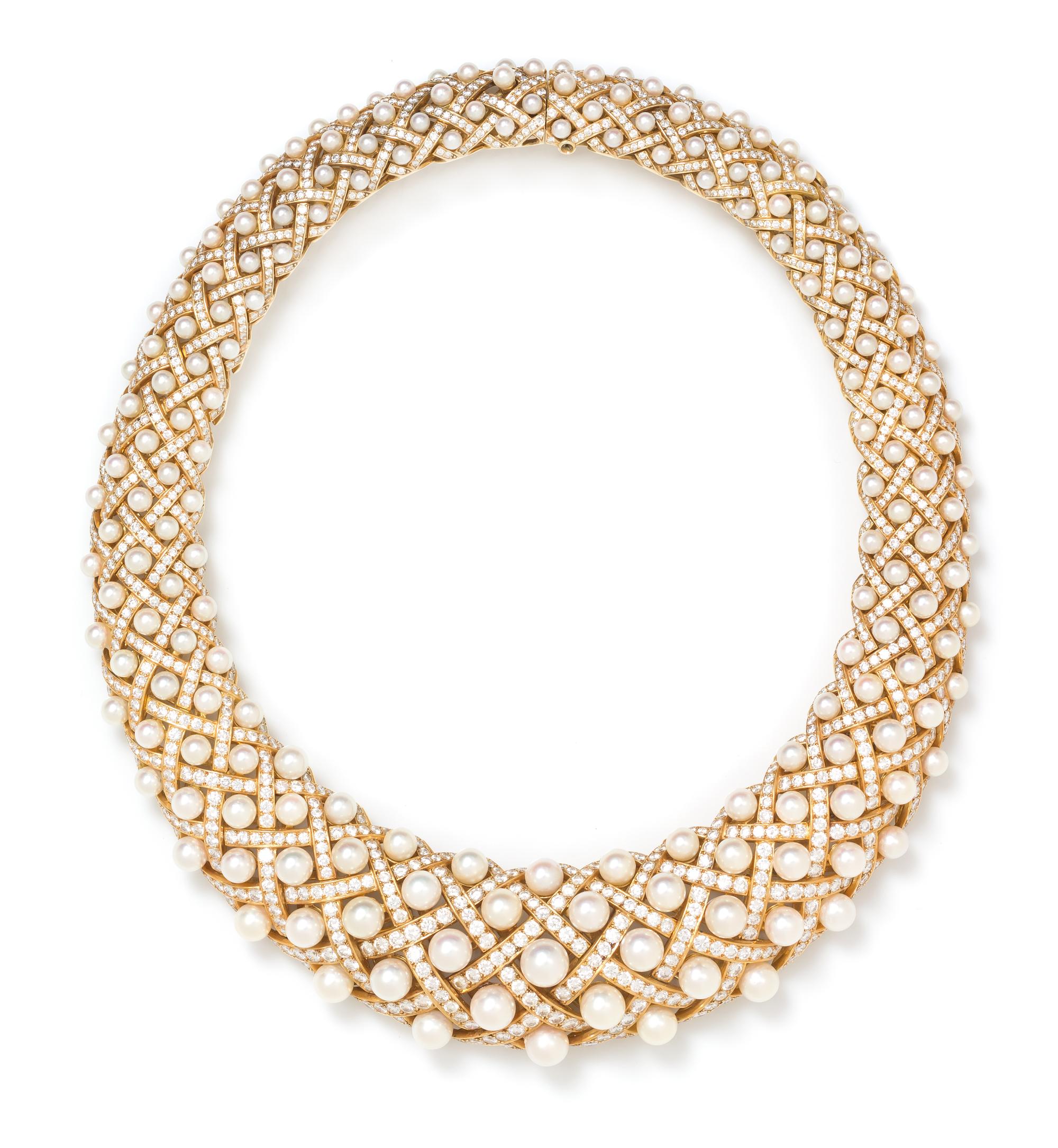 An 18 Karat Yellow Gold, Diamond and Cultured Pearl "Matelasse" Necklace, Chanel, 215.20 dwts.