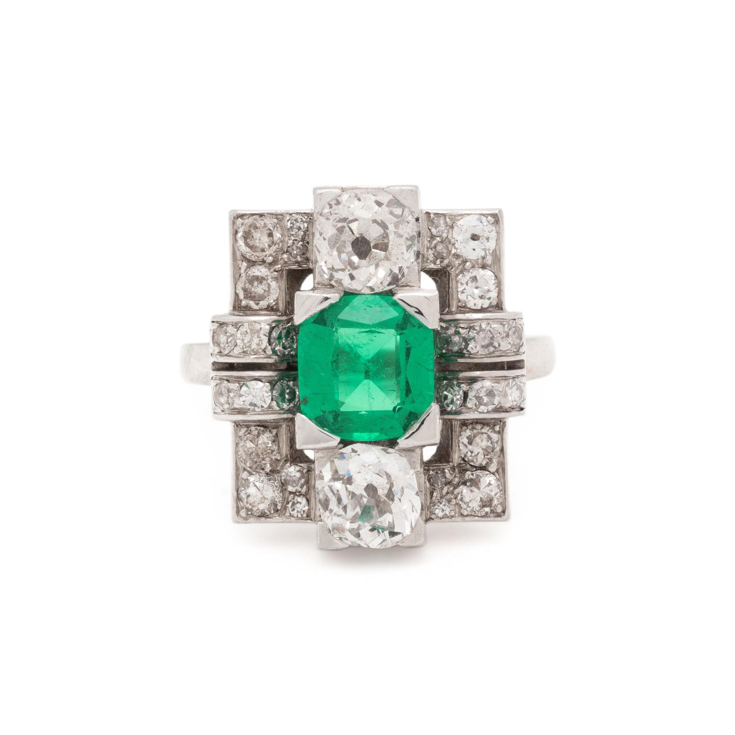 ART DECO, EMERALD AND DIAMOND RING