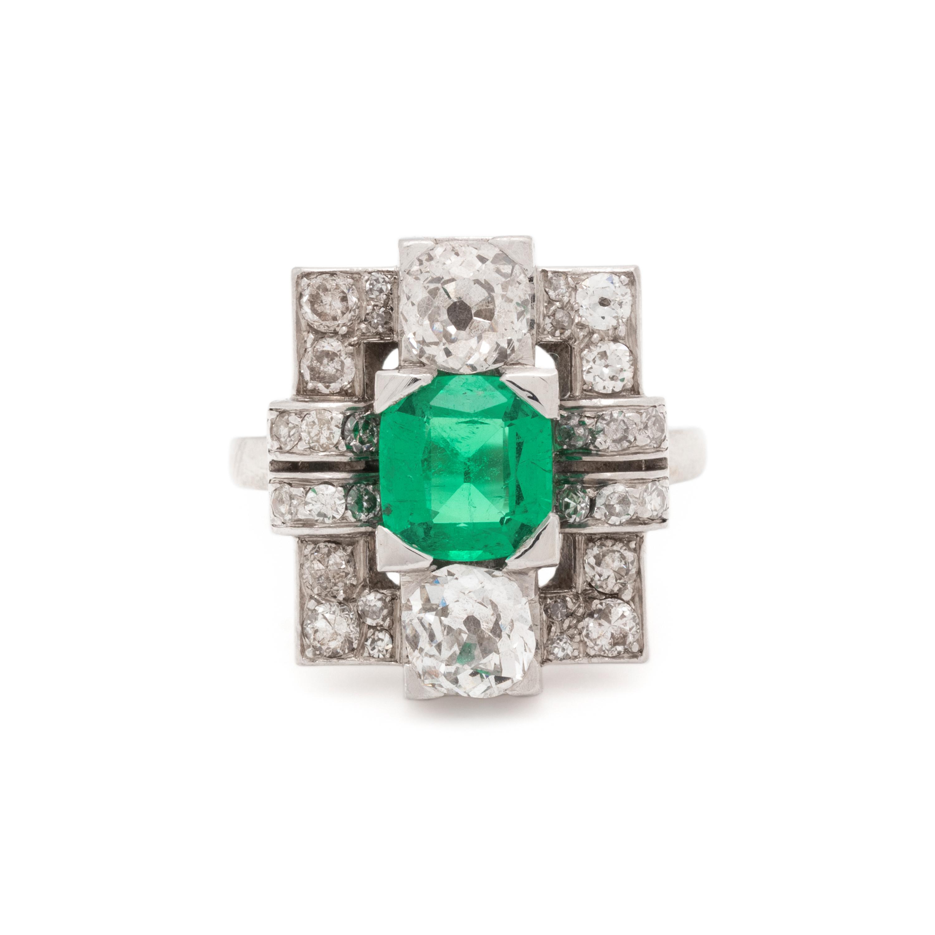 ART DECO, EMERALD AND DIAMOND RING