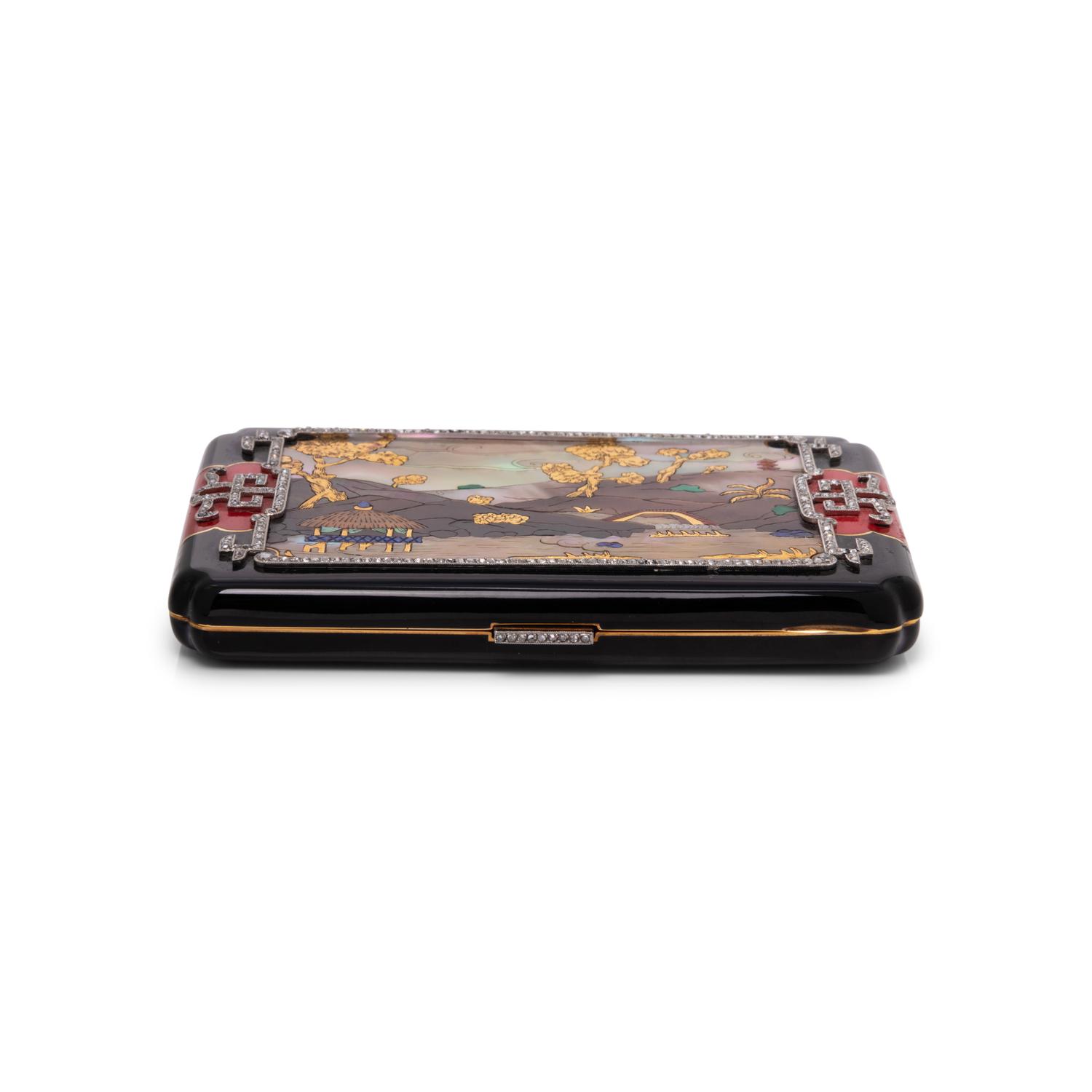 A French Art Deco 18-Karat Gold, Diamond, Mother-of-Pearl and Hardstone Mounted Enamel Cigarette Case