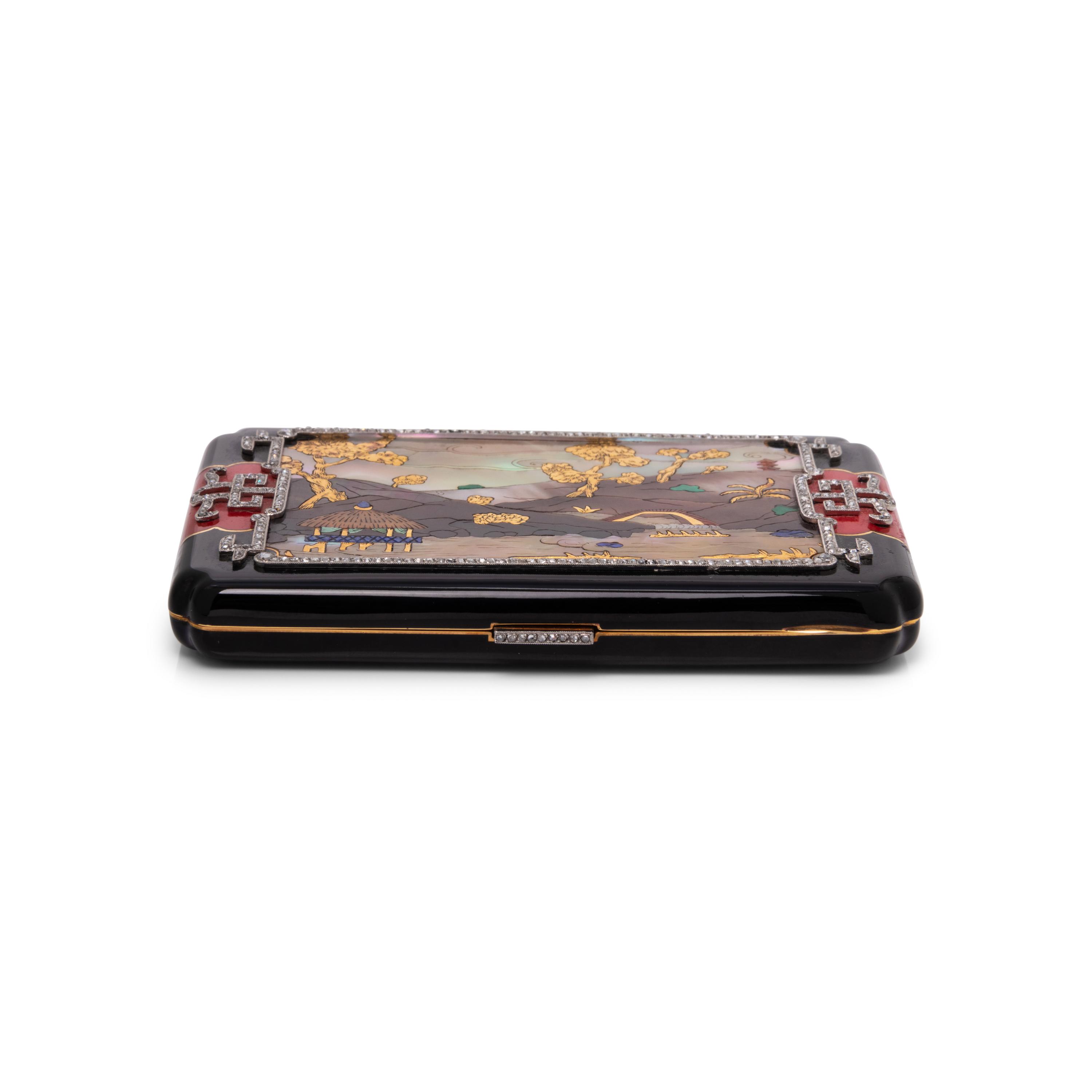 A French Art Deco 18-Karat Gold, Diamond, Mother-of-Pearl and Hardstone Mounted Enamel Cigarette Case