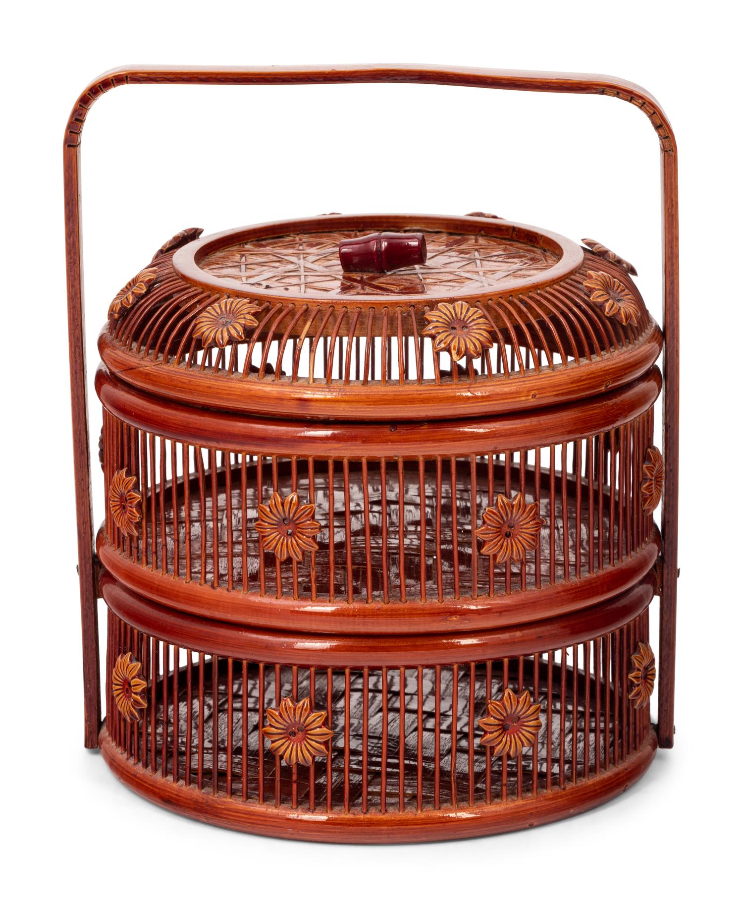 Two Chinese Lacquered Wood and Bamboo Food Baskets
