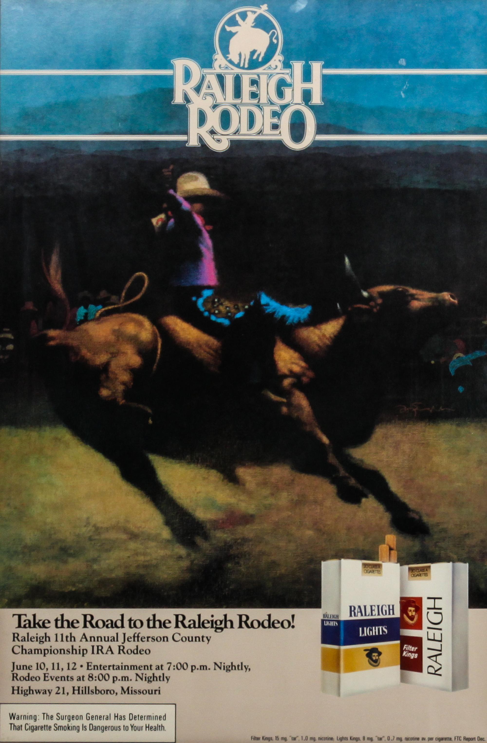 Mark English, (American, b. 1933), Rodeo and Bronco Bust'in together with a Raleigh Rodeo framed poster