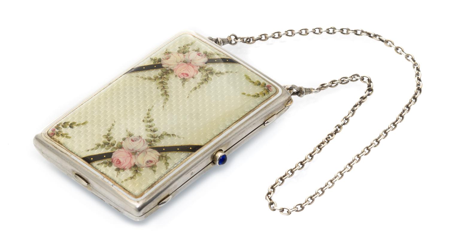 An American Guilloche Enamel and Silver Compact, , the case decorated with yellow guilloche enamel with painted leaves and flowers, hav
