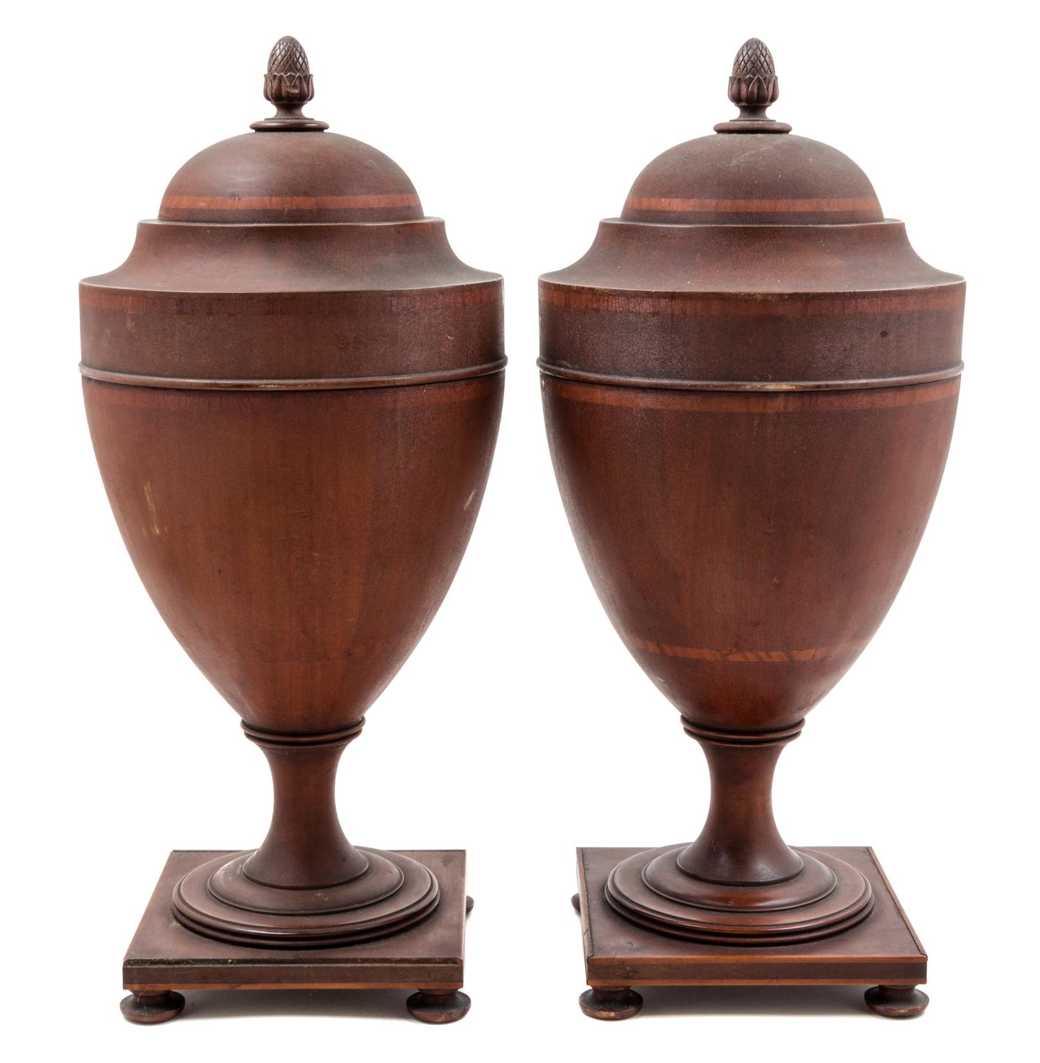 A Pair of George III Style Mahagany Cutlery Urns Height 26 inches.