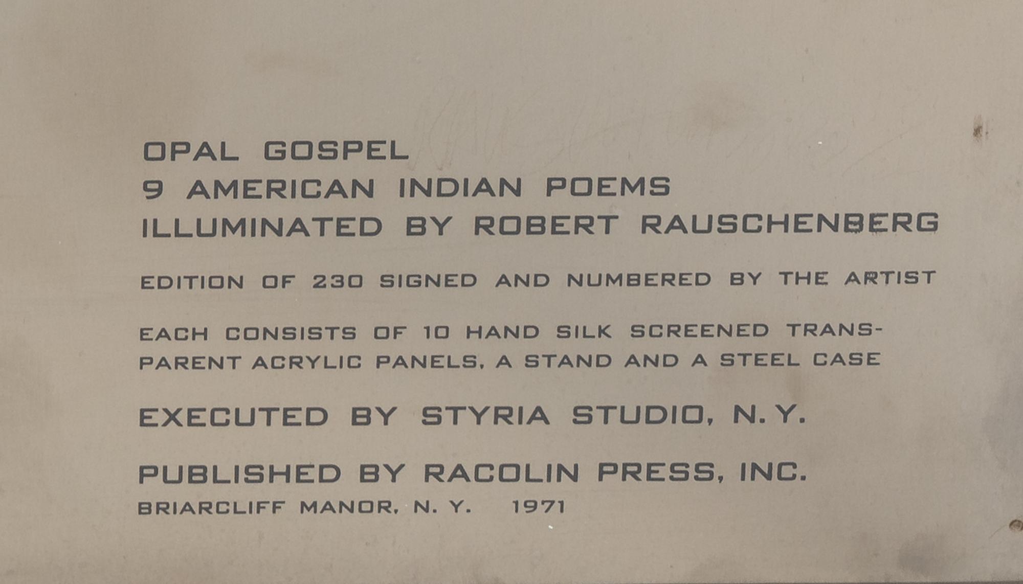 Opal Gospel (complete set of ten screenprints in colors on movable acrylic panels with the original Lucite base and screenprinted stainless steel cover), 1971