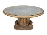 A Neoclassical Style Carved Wood Columnar Base Table with Gilt Decorated Smoke Glass Top