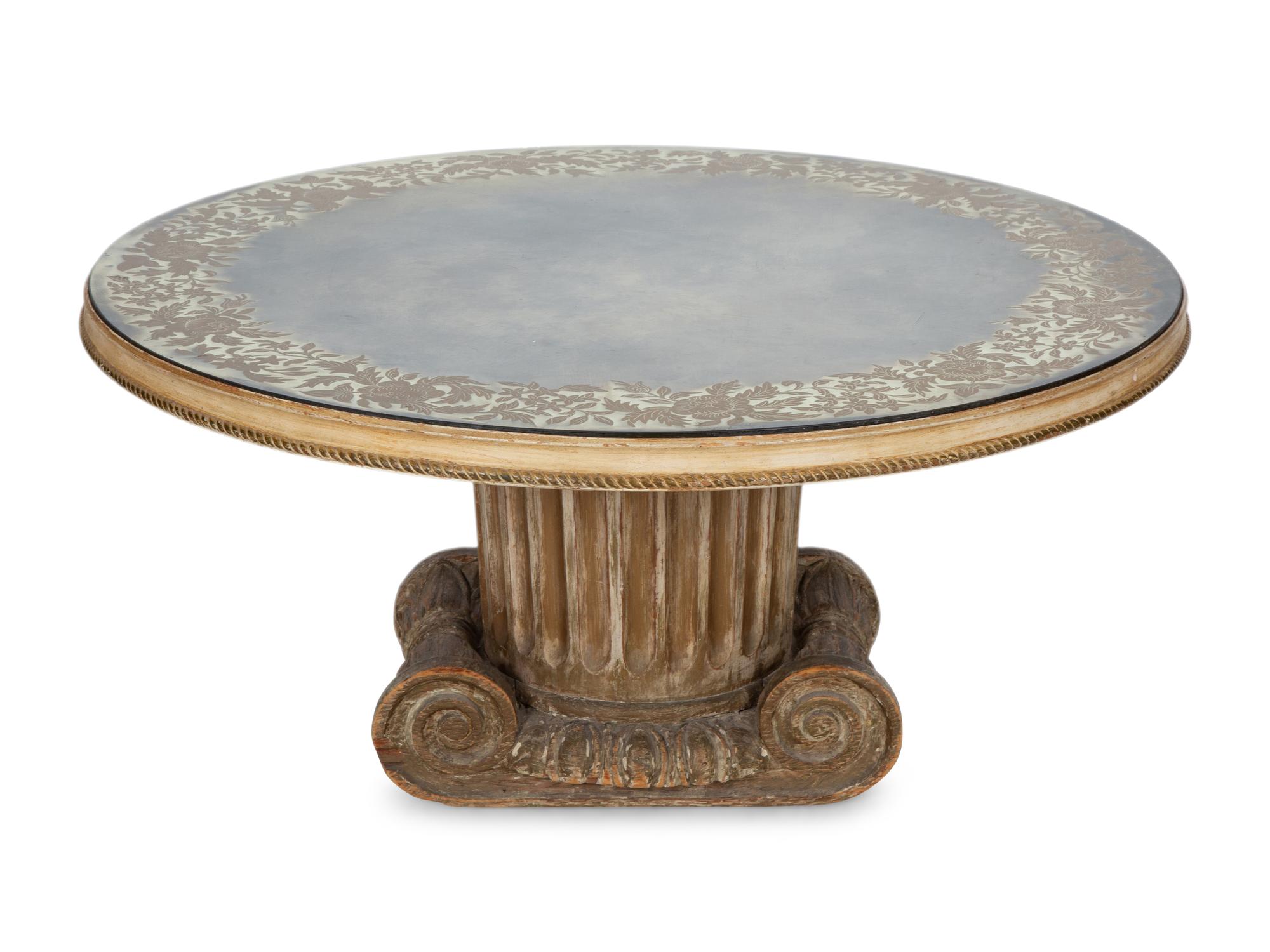 A Neoclassical Style Carved Wood Columnar Base Table with Gilt Decorated Smoke Glass Top