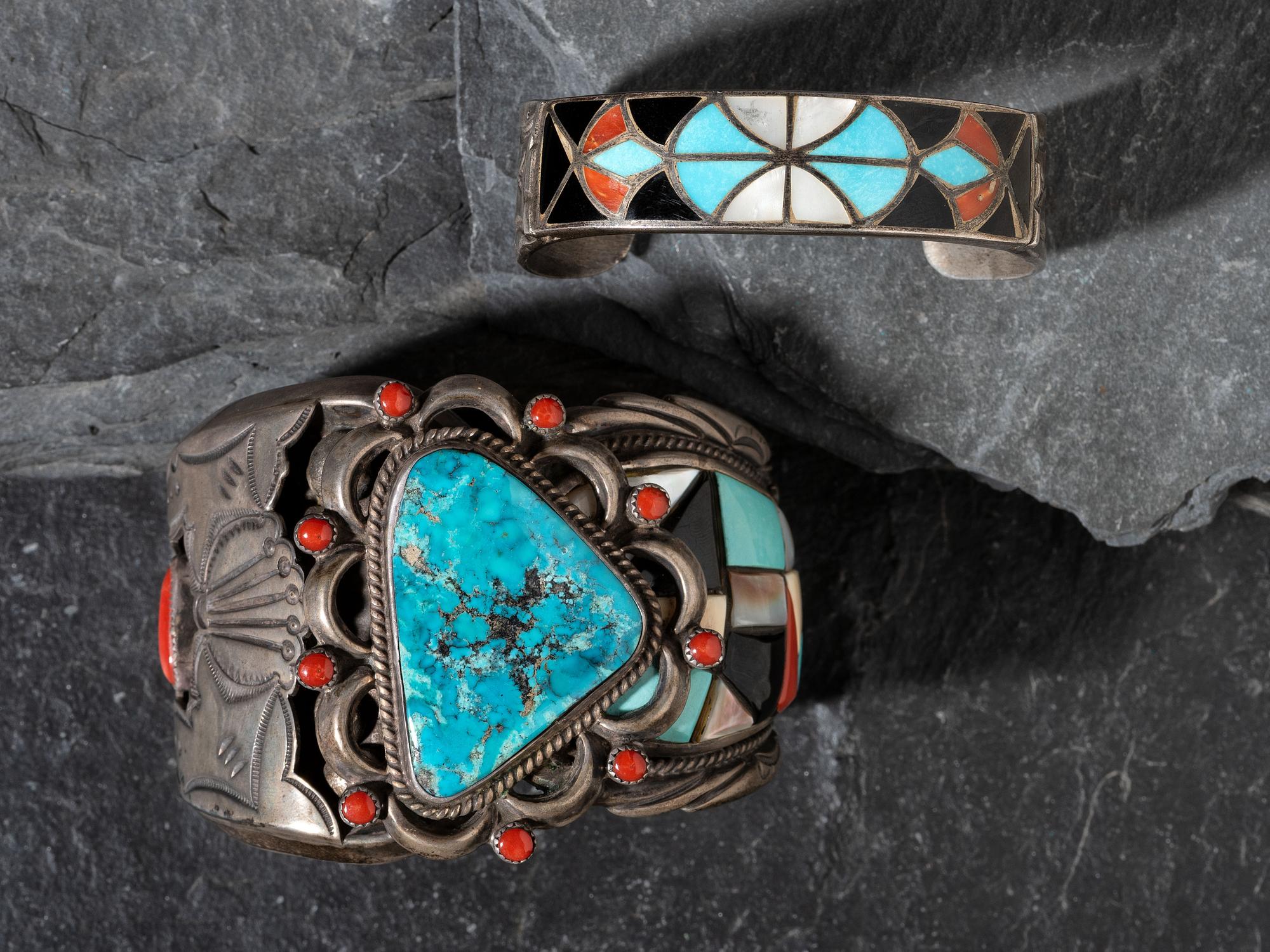 Navajo Inlaid Silver Cuff Bracelets