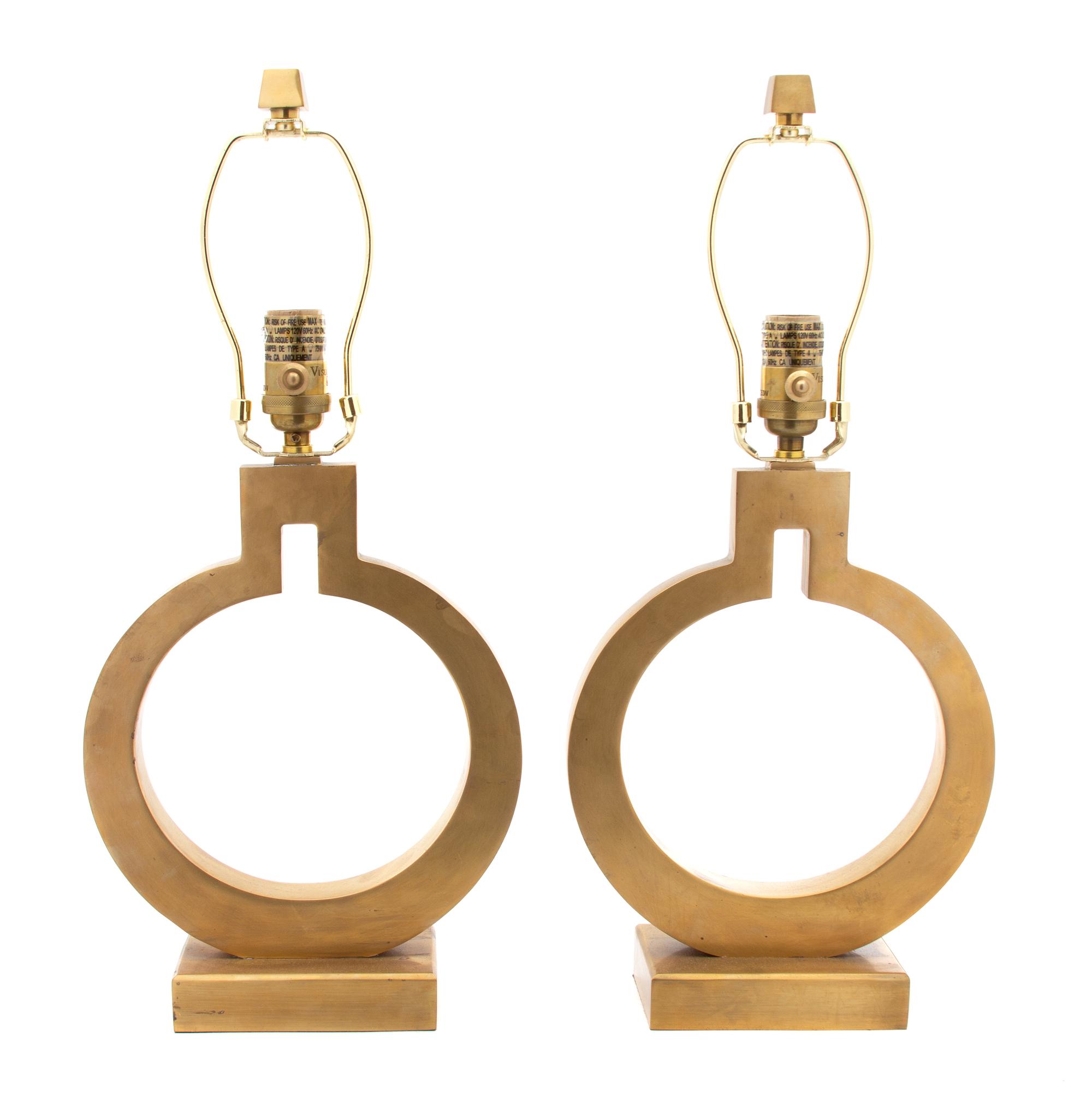 A Pair of Modern Brushed Gilt Metal Circular Lamps Height overall 19 3/4 inches. — 20TH CENTURY