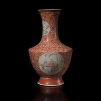 A Chinese Gilt and Iron Red Famille Rose Vase, 20th Century — 近代 礬紅彩描金西番蓮紋開光人物故事圖賞瓶