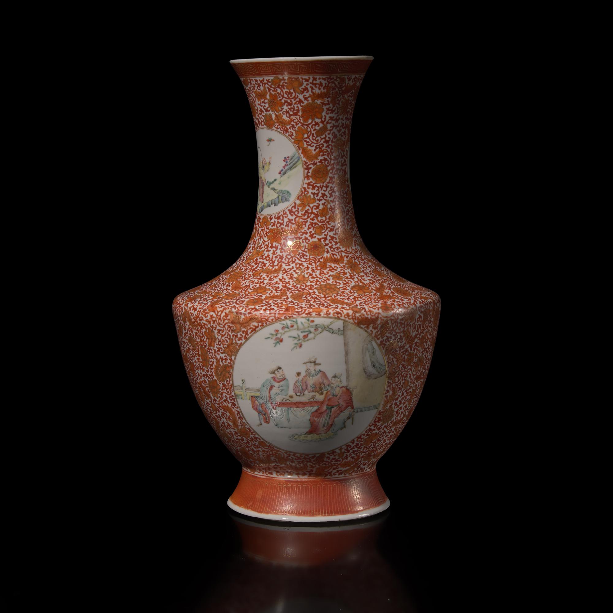 A Chinese Gilt and Iron Red Famille Rose Vase, 20th Century — 近代 礬紅彩描金西番蓮紋開光人物故事圖賞瓶
