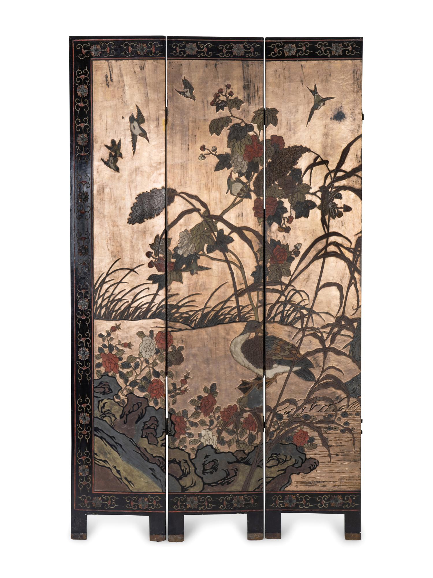 A Chinese Polychromed Eight Panel Coromandel Screen
