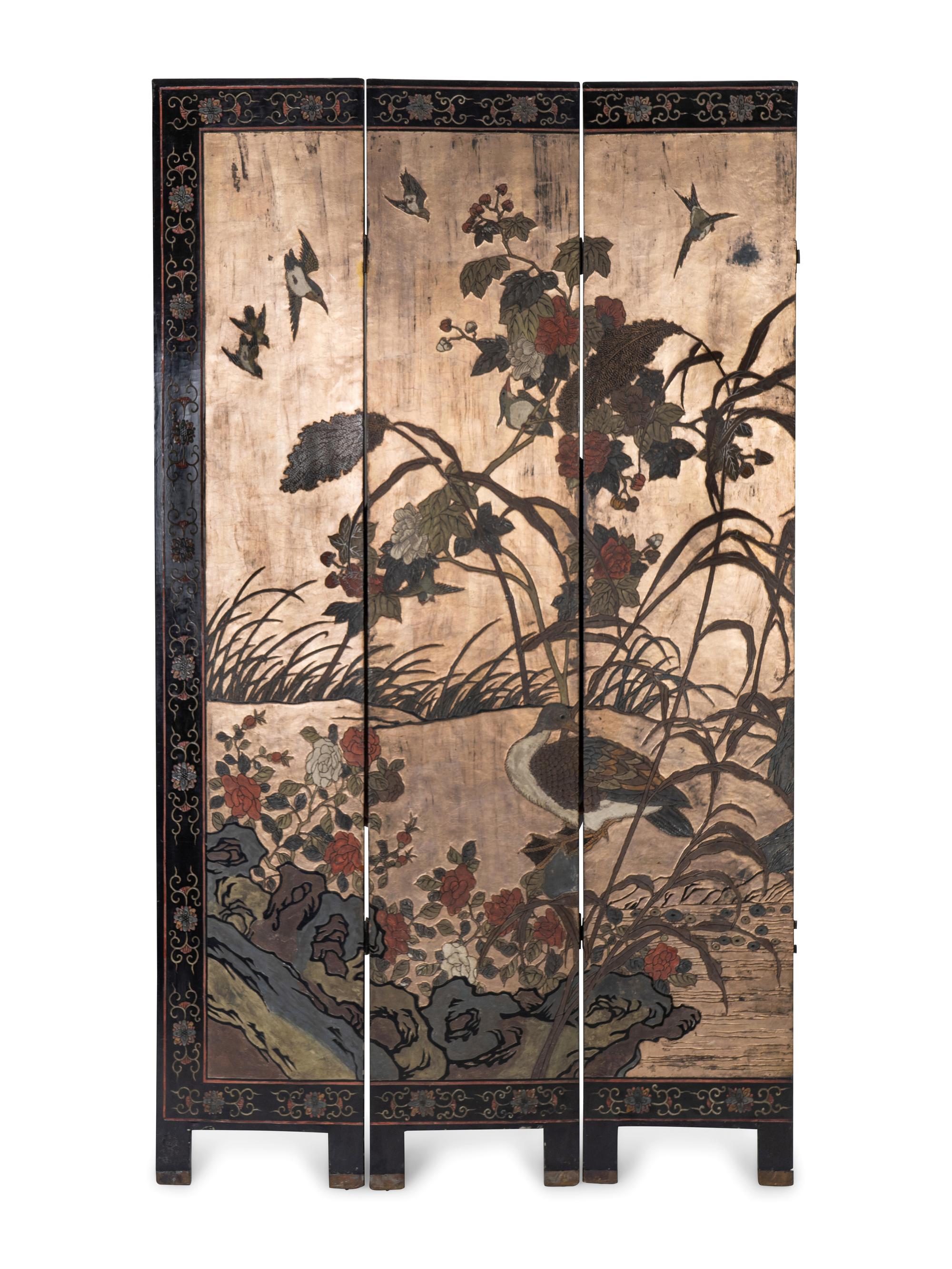 A Chinese Polychromed Eight Panel Coromandel Screen