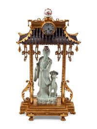 A Continental Gilt Bronze and Celadon Porcelain Figural Chinoiserie Clock