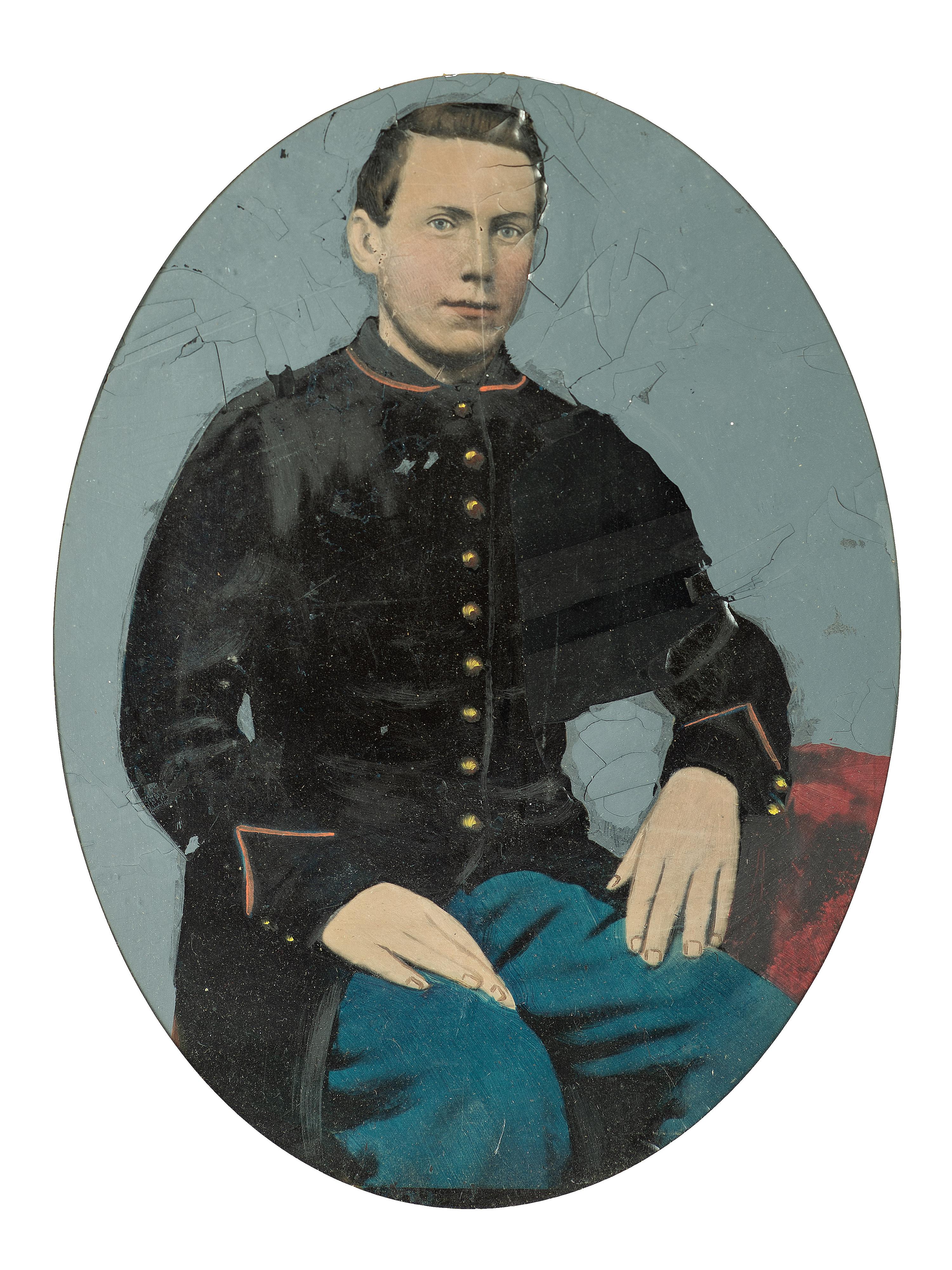 [CIVIL WAR] Private-purchase kepi and painted tintype, identified to Henry McCuen, Company D, 14th NY Heavy Artillery.