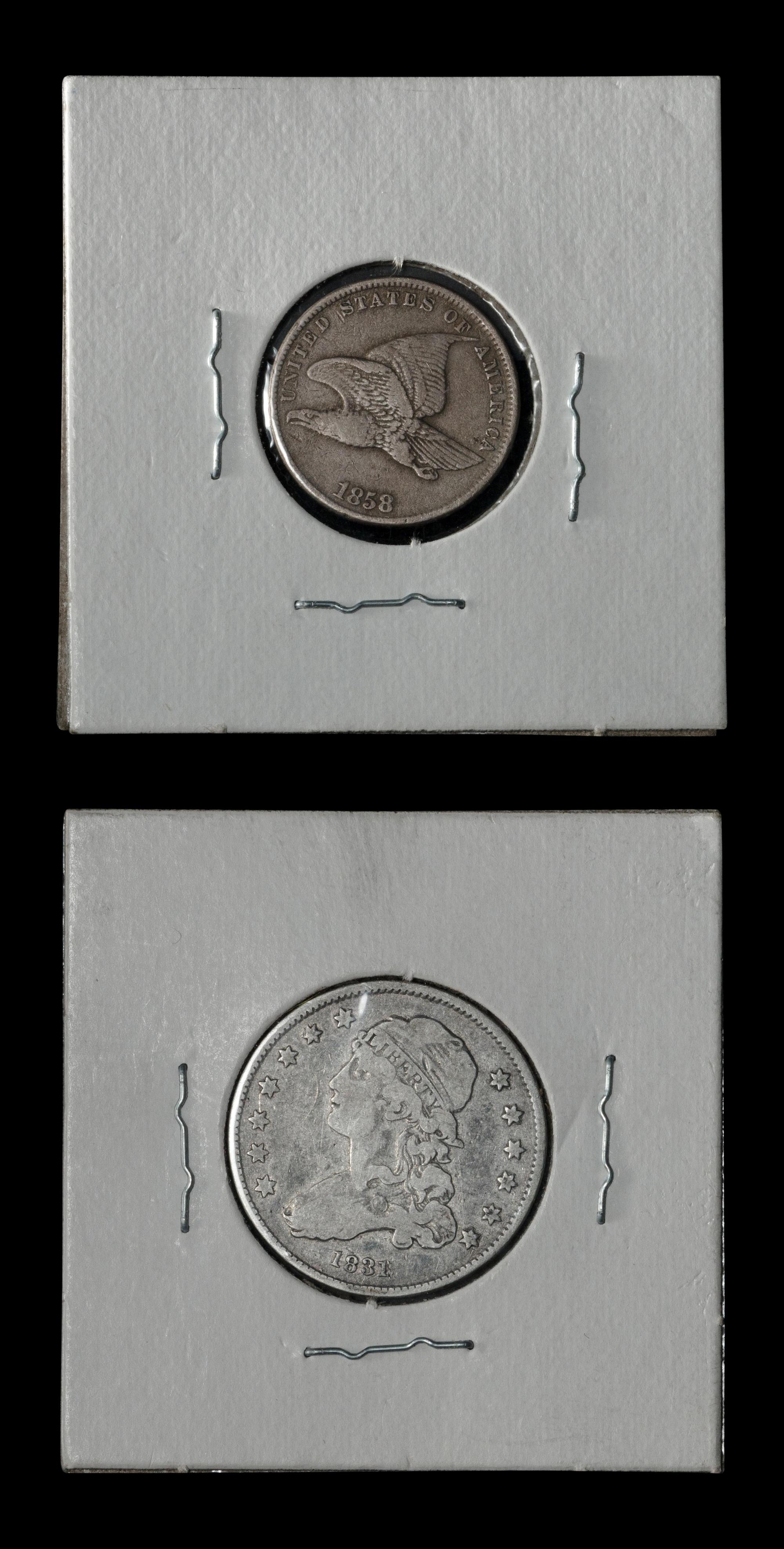 An 1831 Capped Bust 25c and an 1858 Flying Eagle 1c Coin