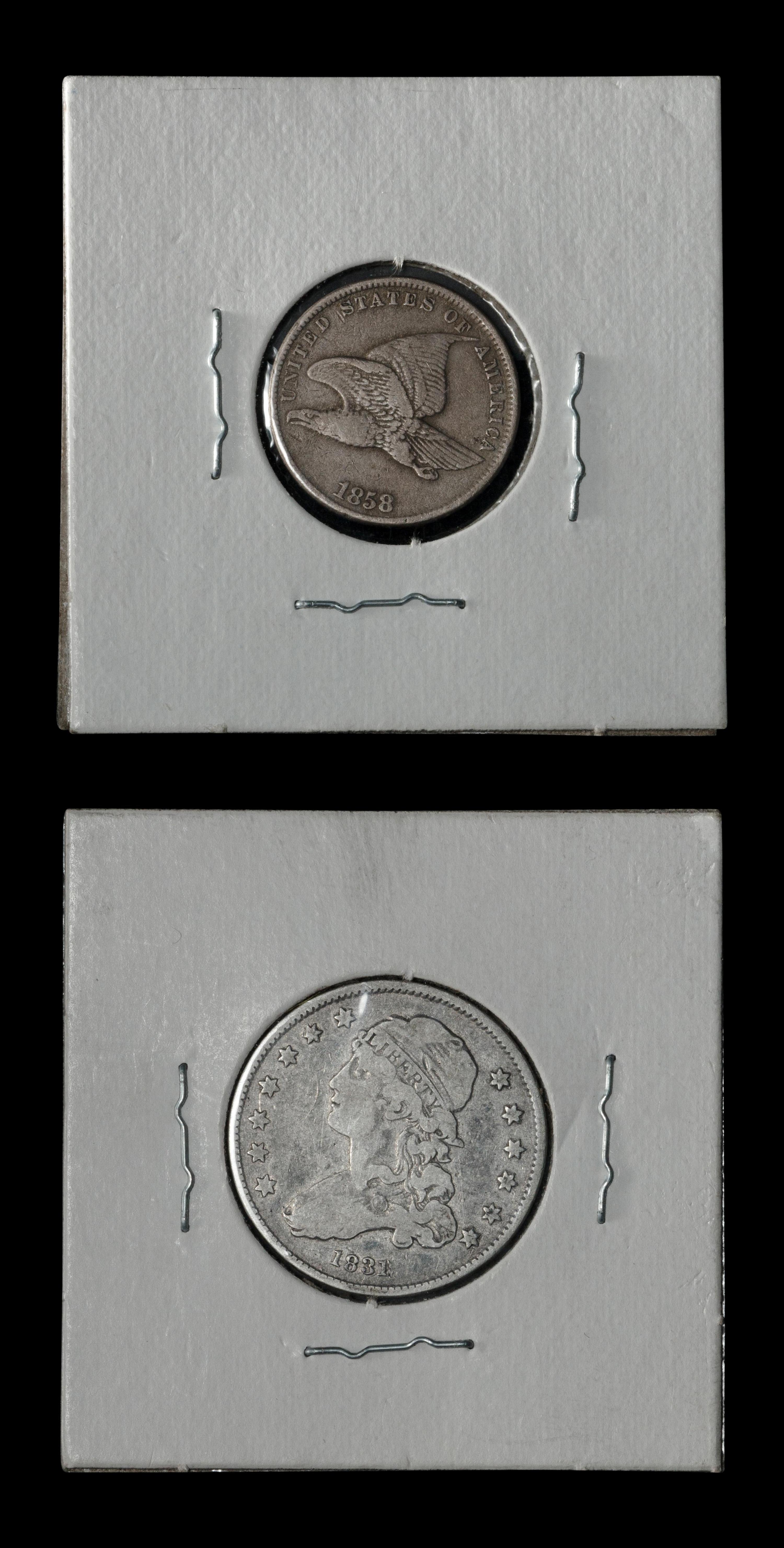 An 1831 Capped Bust 25c and an 1858 Flying Eagle 1c Coin