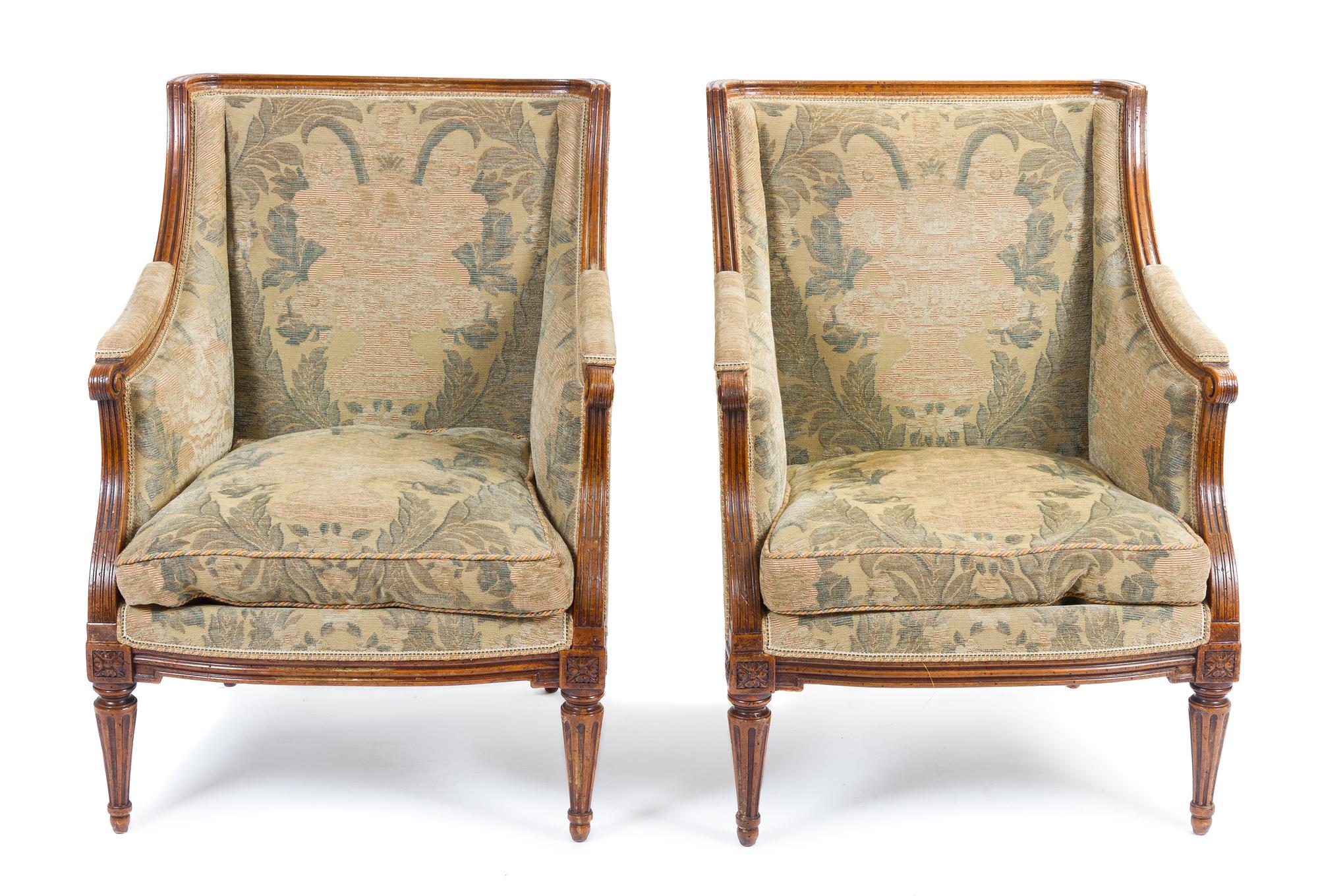 A Pair of Louis XVI Walnut Bergeres Height 36 inches. — 18TH CENTURY, BOTH STAMPED GREFFIER