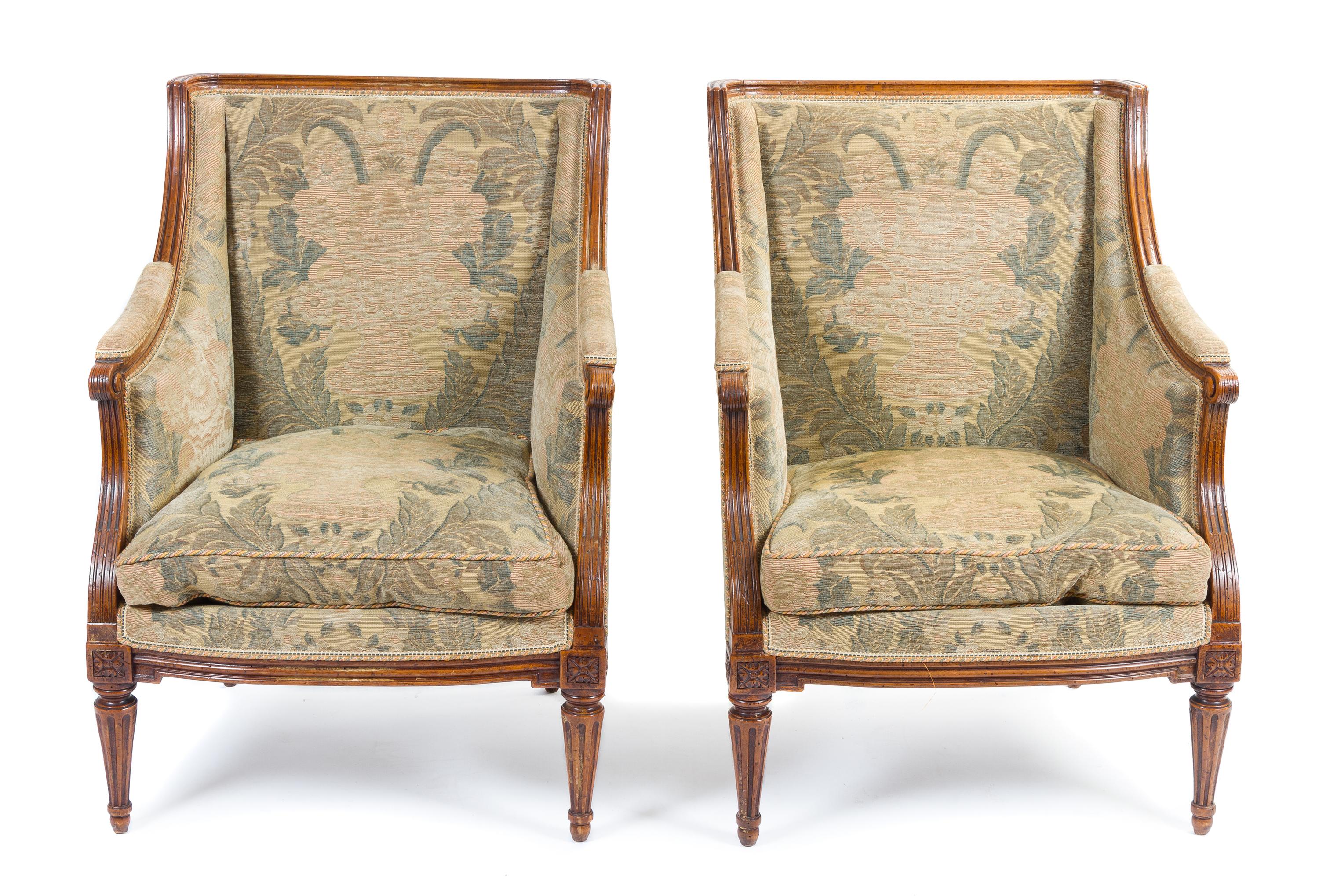 A Pair of Louis XVI Walnut Bergeres Height 36 inches. — 18TH CENTURY, BOTH STAMPED GREFFIER