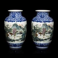 A Pair of Chinese Underglazed Blue and Famille Rose Porcelain 'Landscape' Vases, 20th Century — 近代 青花粉彩山水圖瓶一對
