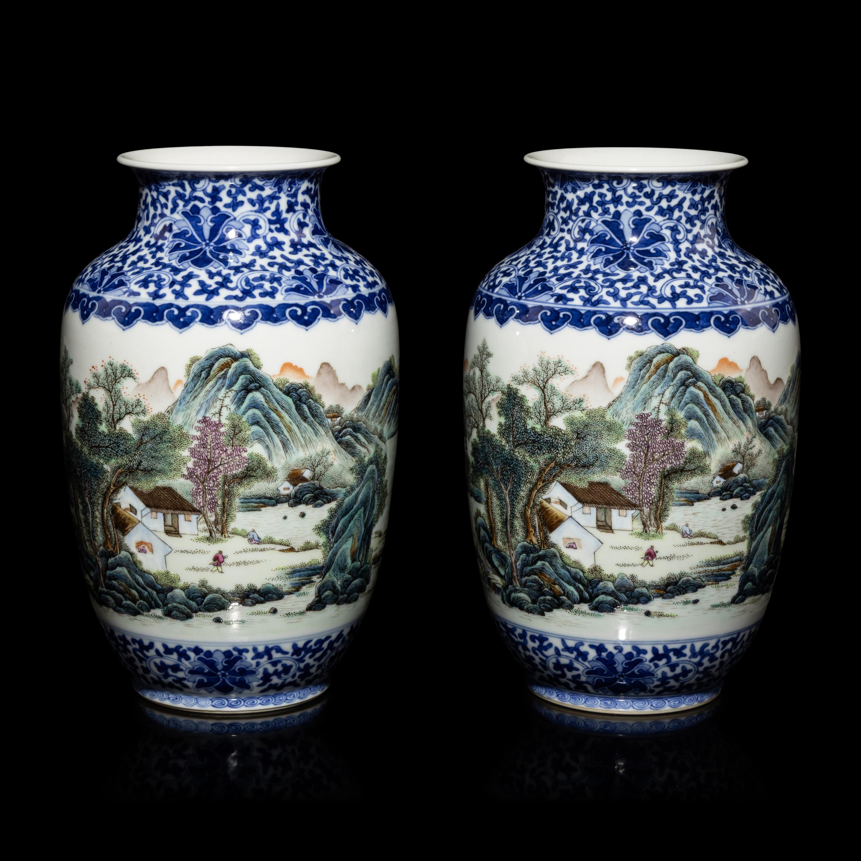 A Pair of Chinese Underglazed Blue and Famille Rose Porcelain 'Landscape' Vases, 20th Century — 近代 青花粉彩山水圖瓶一對