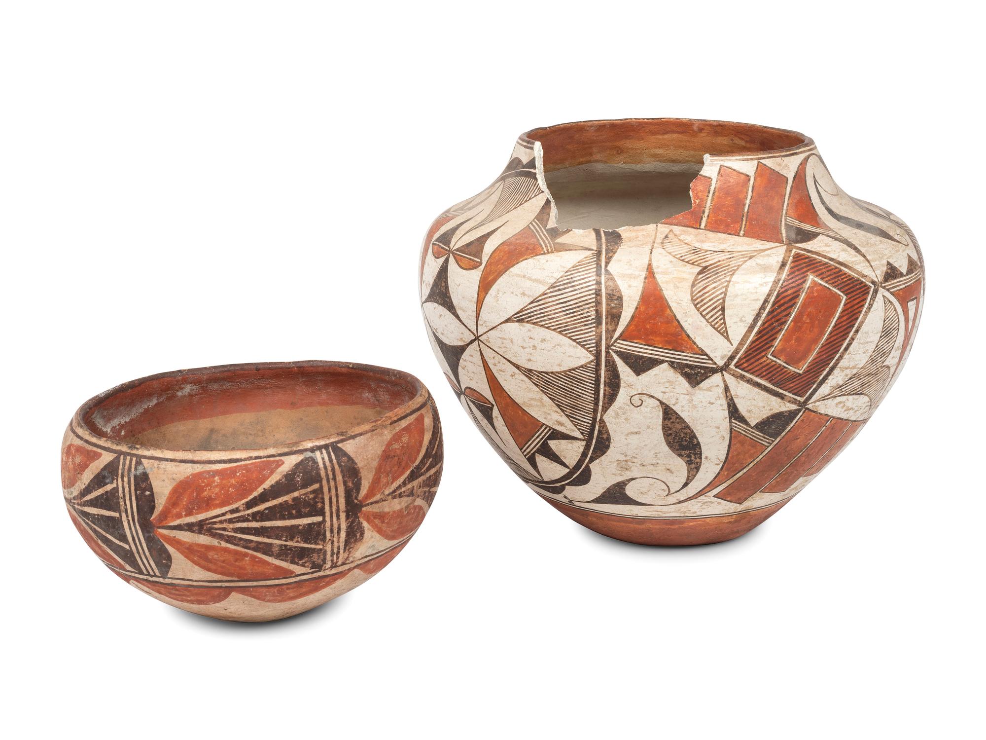 Acoma Olla and Isleta Pottery Bowl