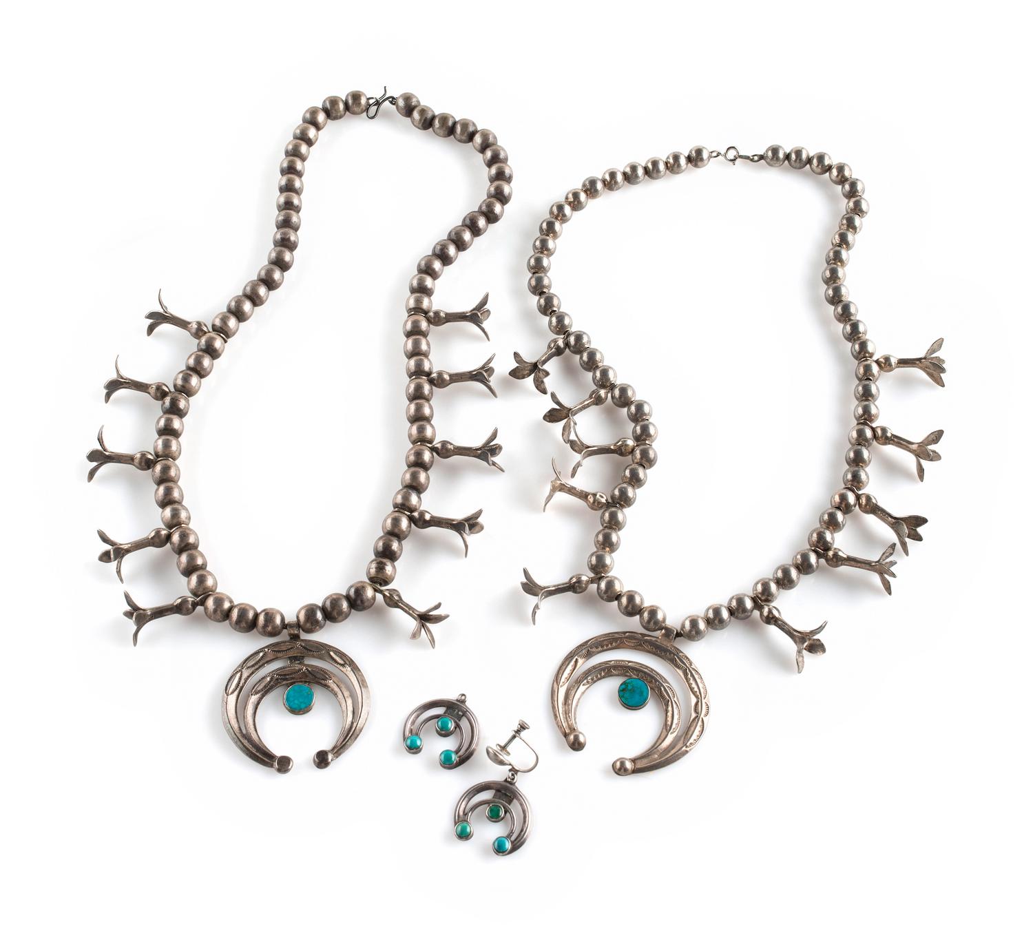 Pair of Petite Navajo Silver and Turquoise Squash Blossom Necklaces, and Naja Screwback Earrings