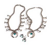 Pair of Petite Navajo Silver and Turquoise Squash Blossom Necklaces, and Naja Screwback Earrings