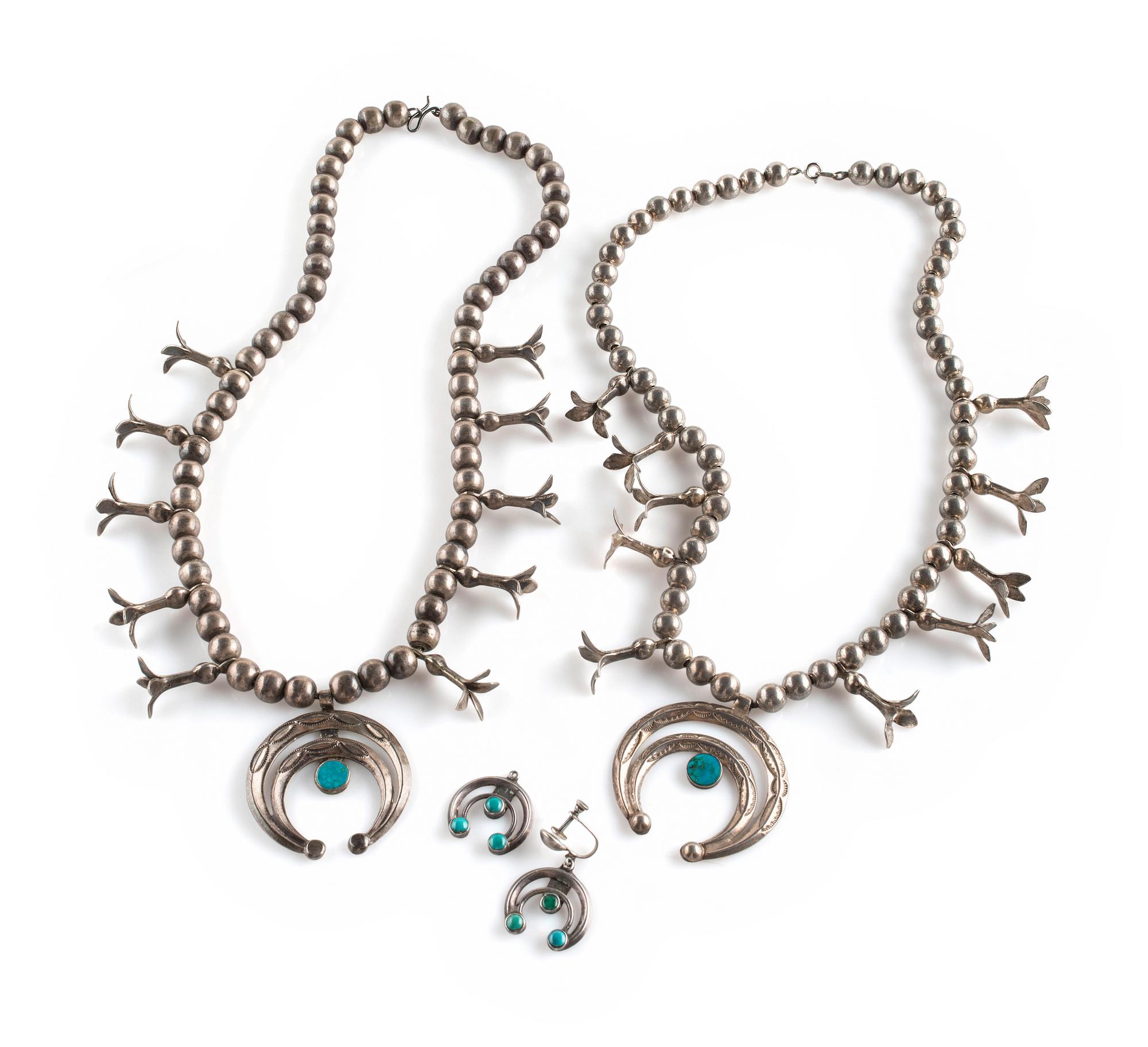 Pair of Petite Navajo Silver and Turquoise Squash Blossom Necklaces, and Naja Screwback Earrings