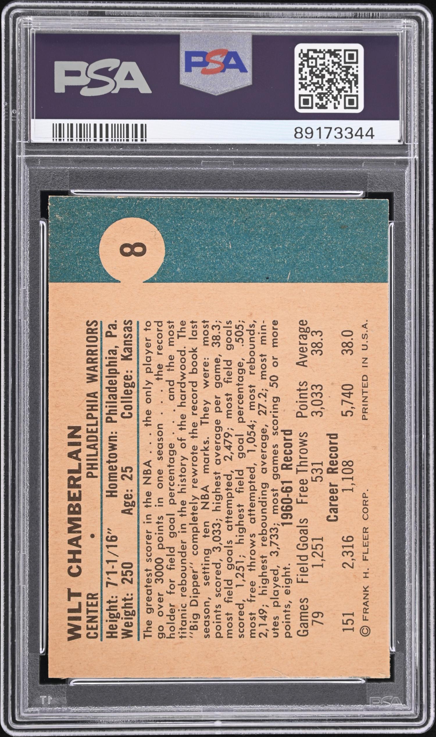 A 1961 Fleer Wilt Chamberlain Rookie Basketball Card No. 8 (PSA 6 EX-MT)