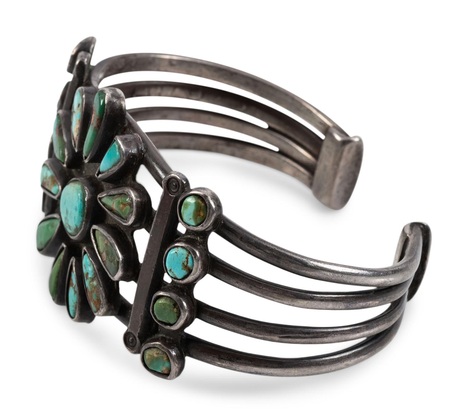 Navajo Silver and Turquoise Cluster Cuff Bracelet