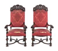 A Pair of William and Mary Style Carved Walnut Armchairs