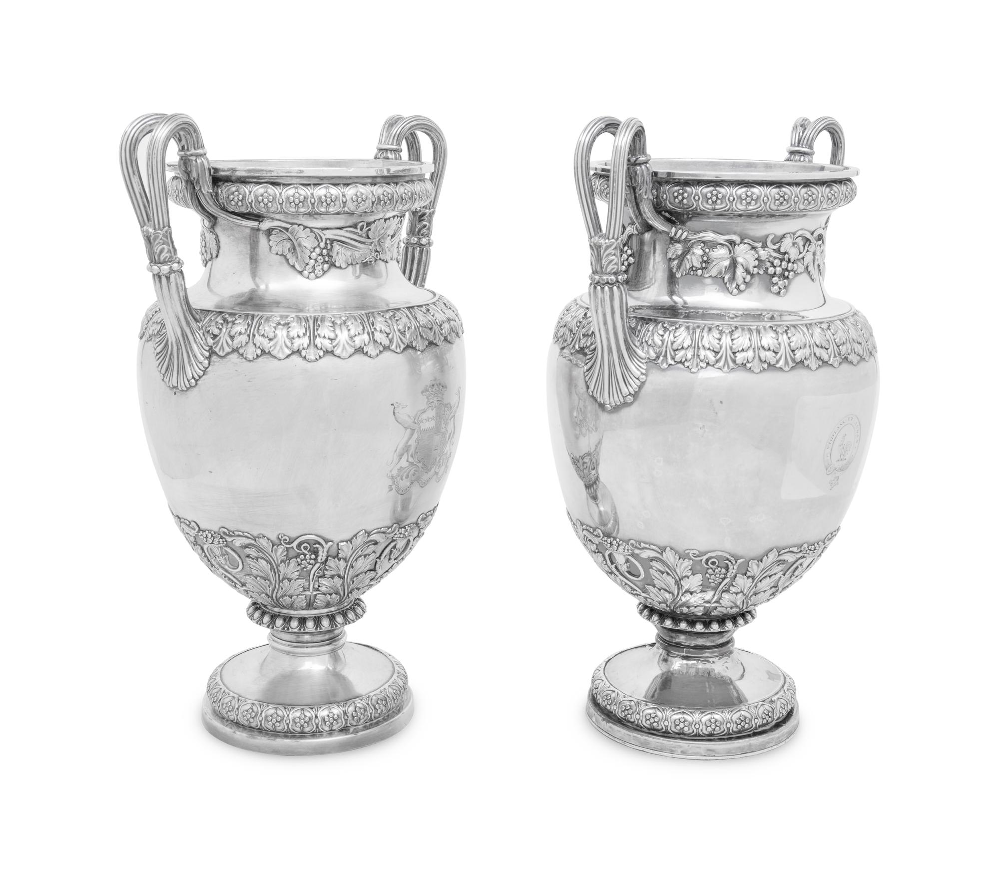 A Matched Pair of English Silver-Plate Urn-Form Wine Coolers