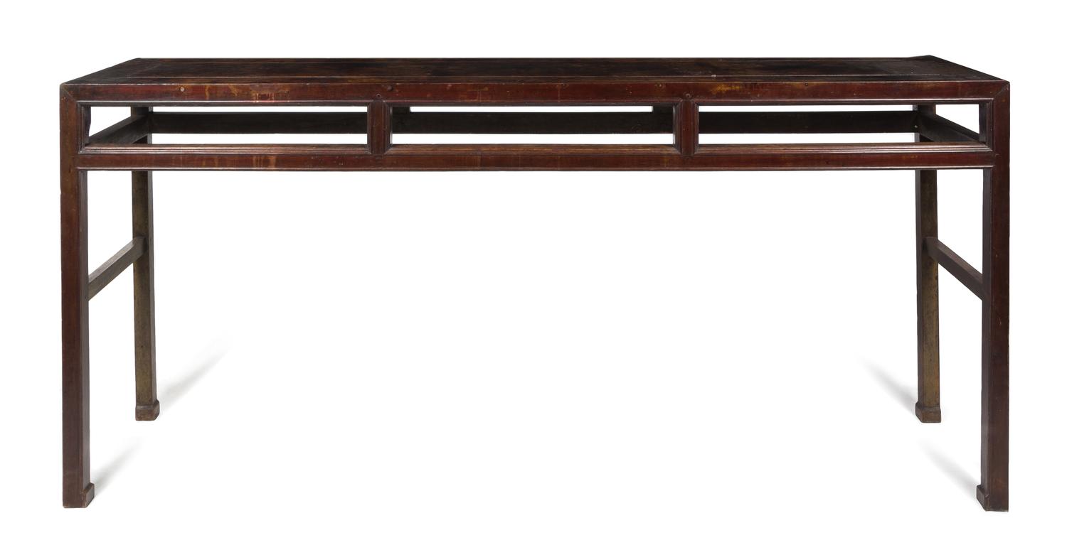 A Large Chinese Lacquered Elmwood Painting Table Height 44 x width 97 x depth 23 3/8 inches.