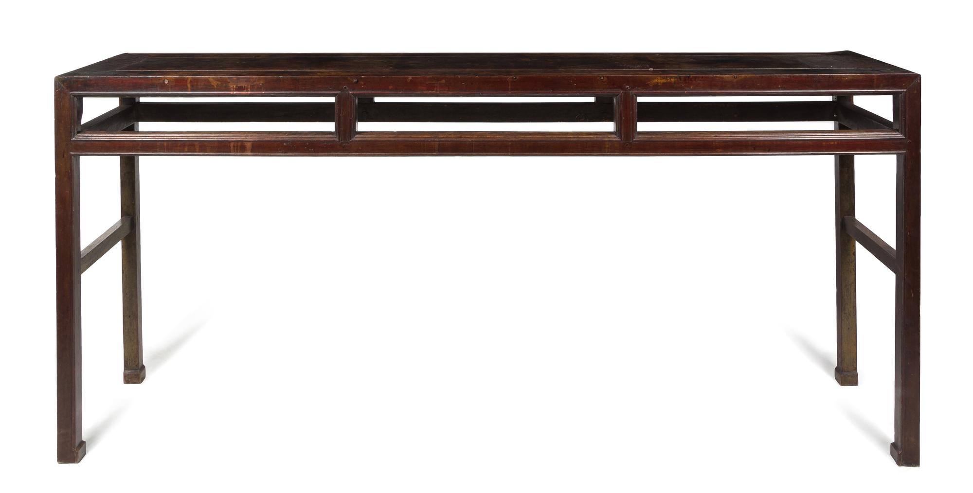 A Large Chinese Lacquered Elmwood Painting Table Height 44 x width 97 x depth 23 3/8 inches.