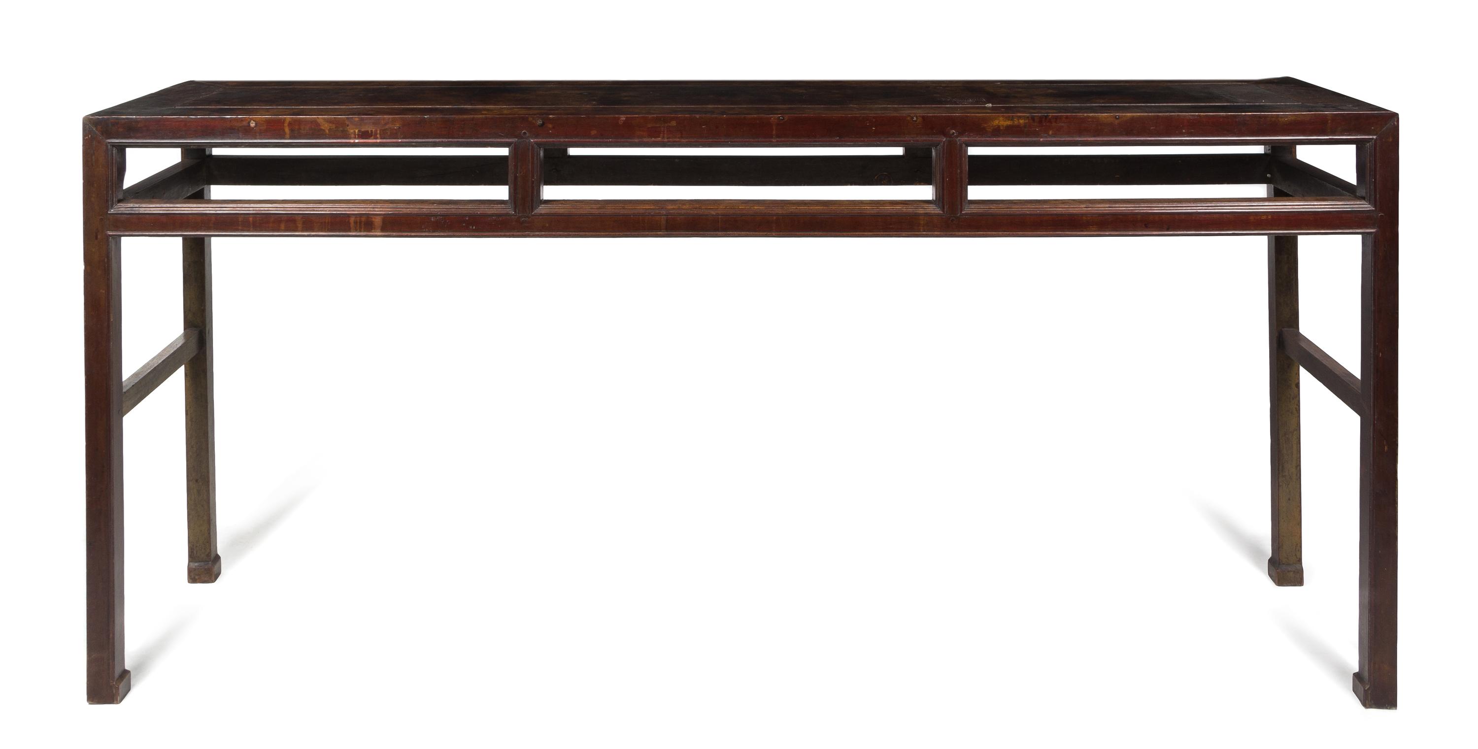 A Large Chinese Lacquered Elmwood Painting Table Height 44 x width 97 x depth 23 3/8 inches.