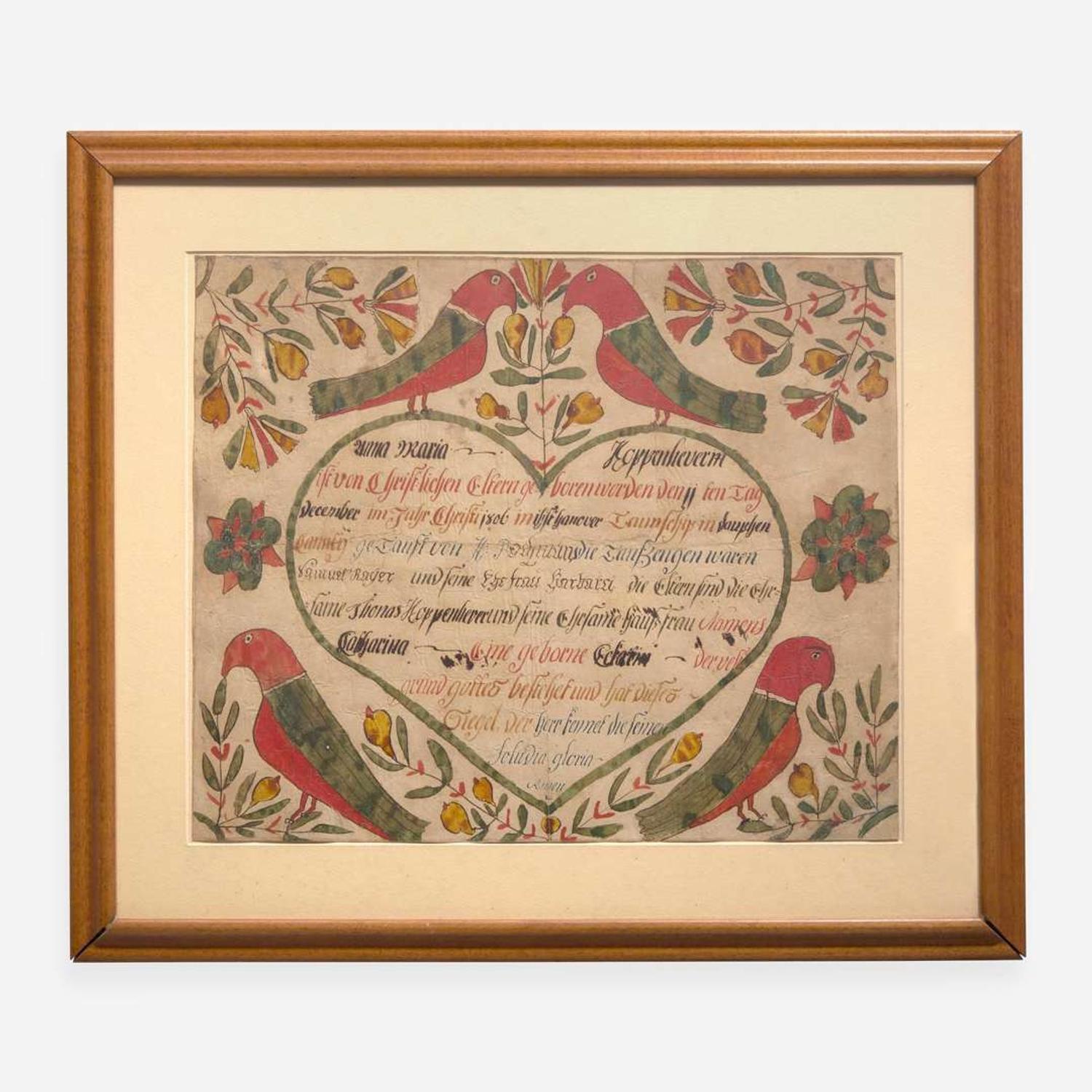 A Fraktur birth record for Anna Maria Koppenhever, Dauphin County Johann Conrad Trevitts (active 1775-1825)