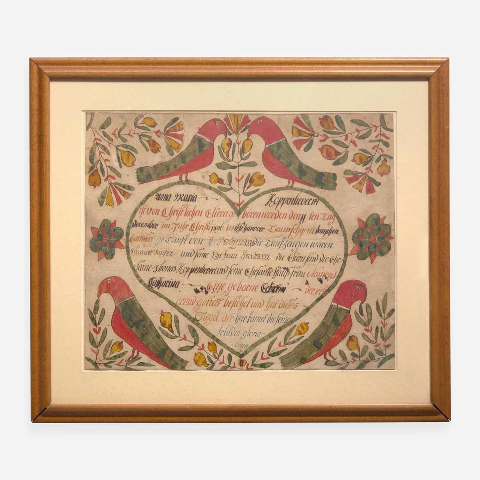 A Fraktur birth record for Anna Maria Koppenhever, Dauphin County Johann Conrad Trevitts (active 1775-1825)