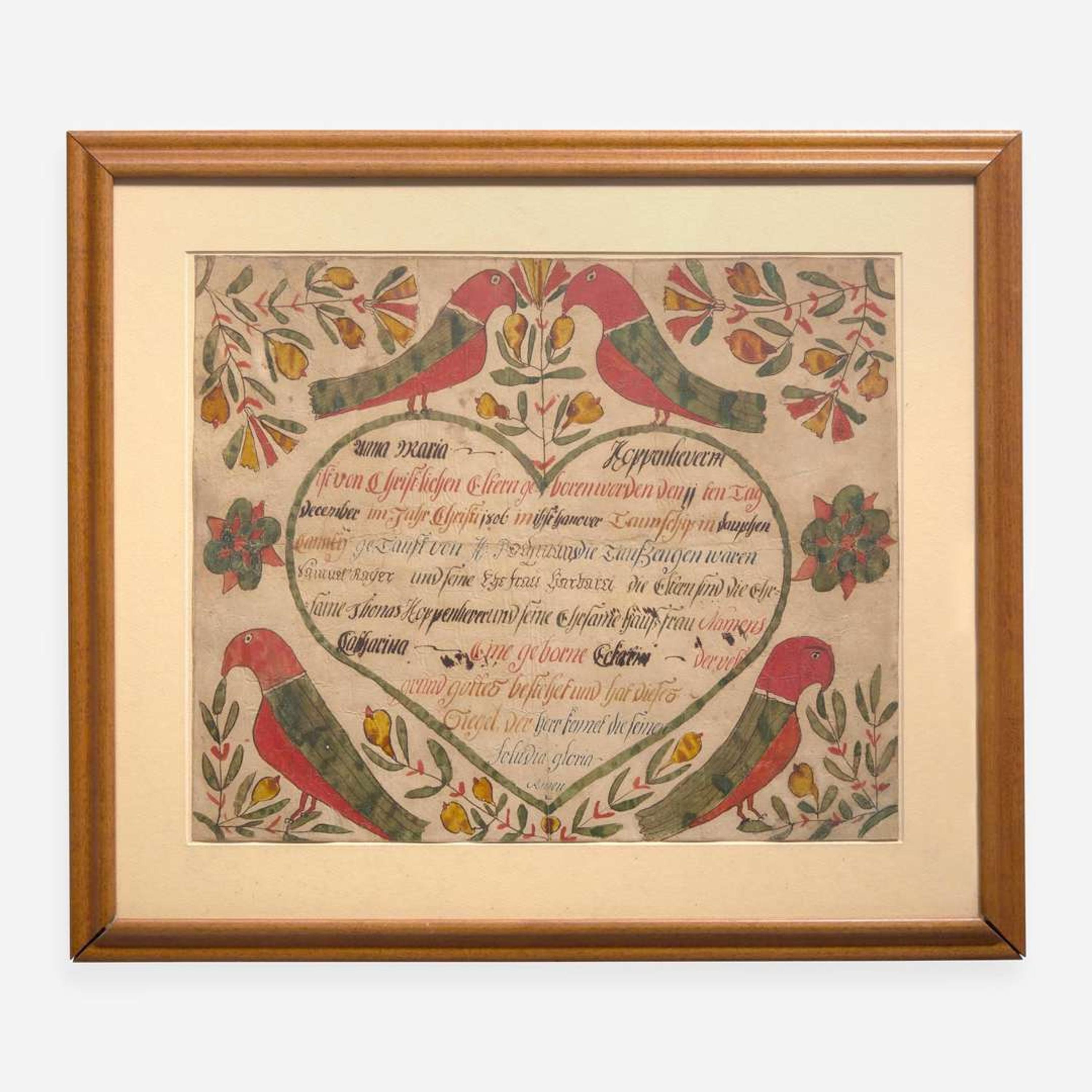 A Fraktur birth record for Anna Maria Koppenhever, Dauphin County Johann Conrad Trevitts (active 1775-1825)