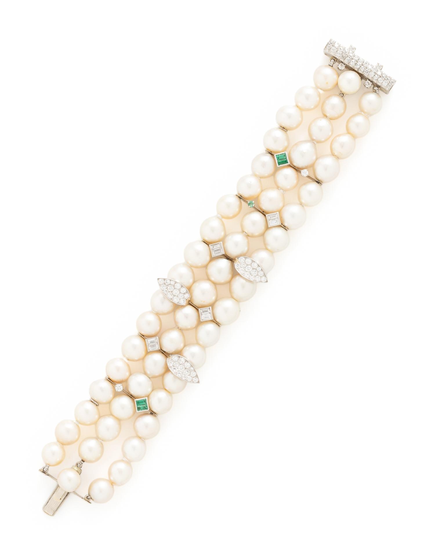 CULTURED PEARL, EMERALD, AND DIAMOND BRACELET