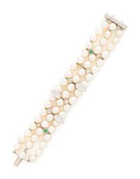 CULTURED PEARL, EMERALD, AND DIAMOND BRACELET