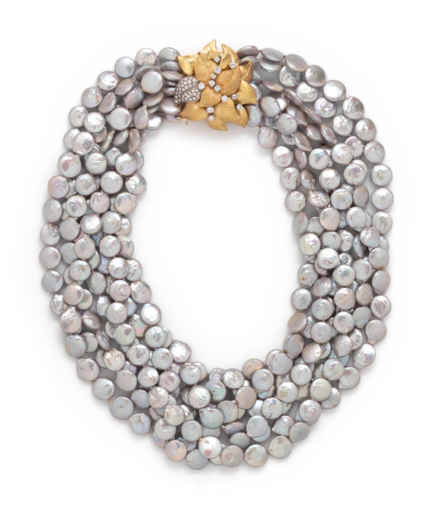 YELLOW GOLD, CULTURED PEARL AND DIAMOND CONVERTIBLE NECKLACE/BROOCH