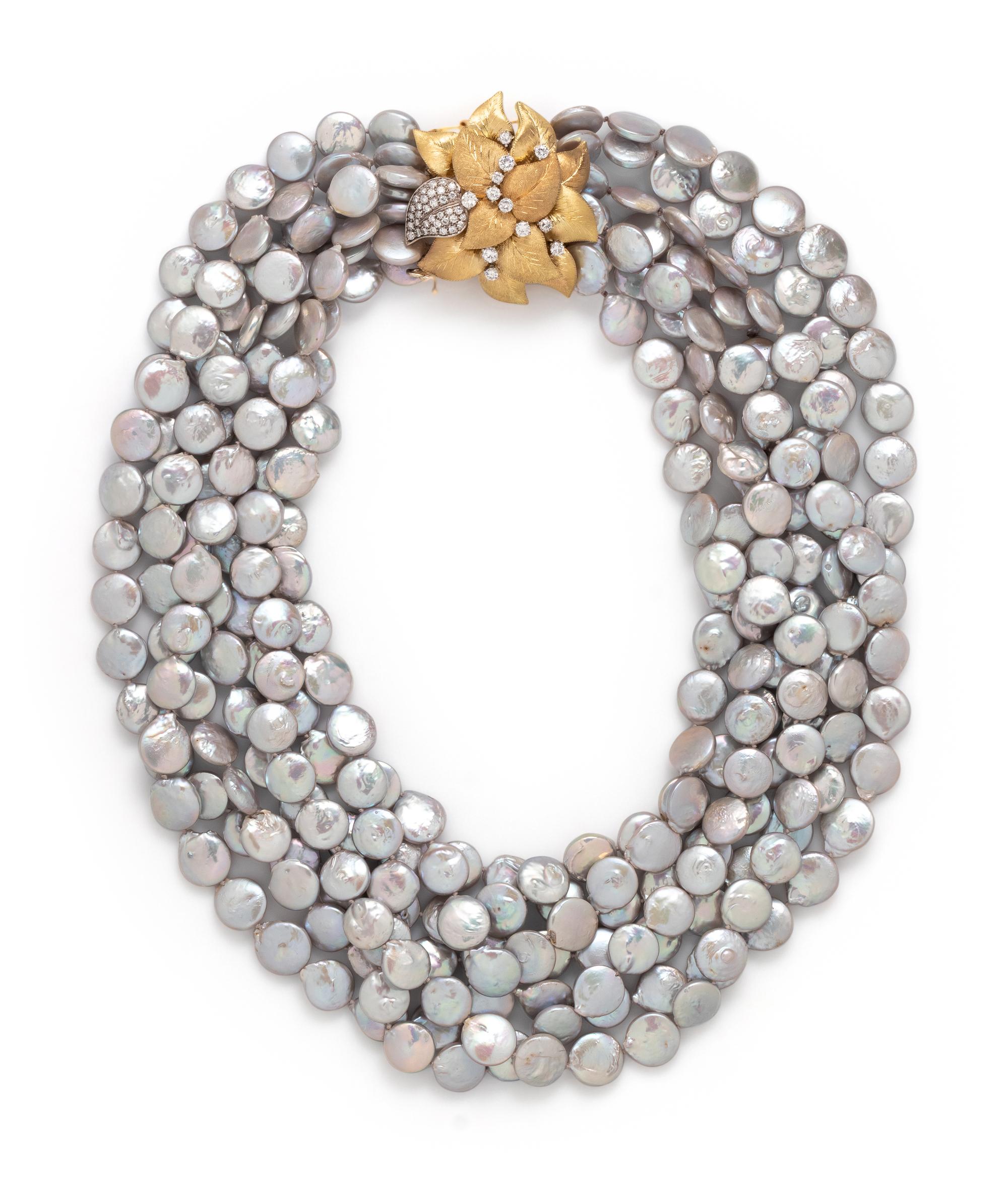 YELLOW GOLD, CULTURED PEARL AND DIAMOND CONVERTIBLE NECKLACE/BROOCH